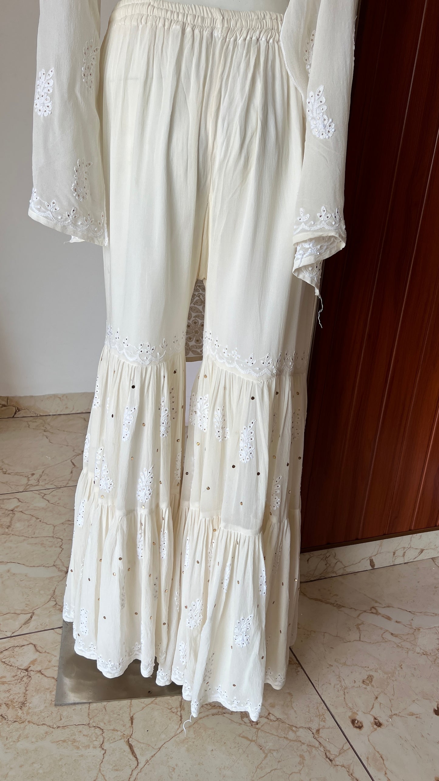 Ivory pure georgette Chikankari and Mukaish sharara set