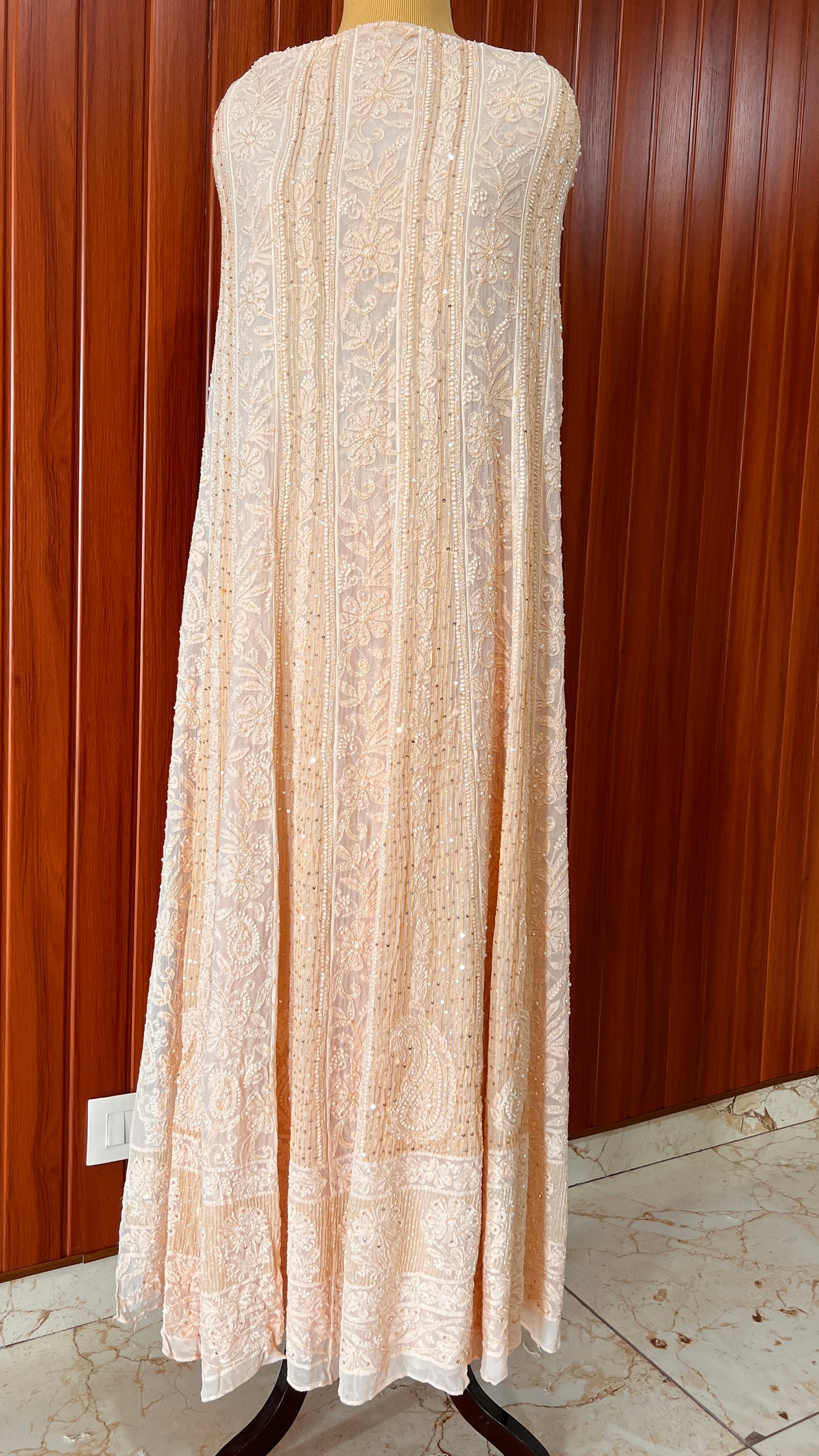 Nude Peach Chikankari Sequins Cut Dana Anarkali with Dupatta