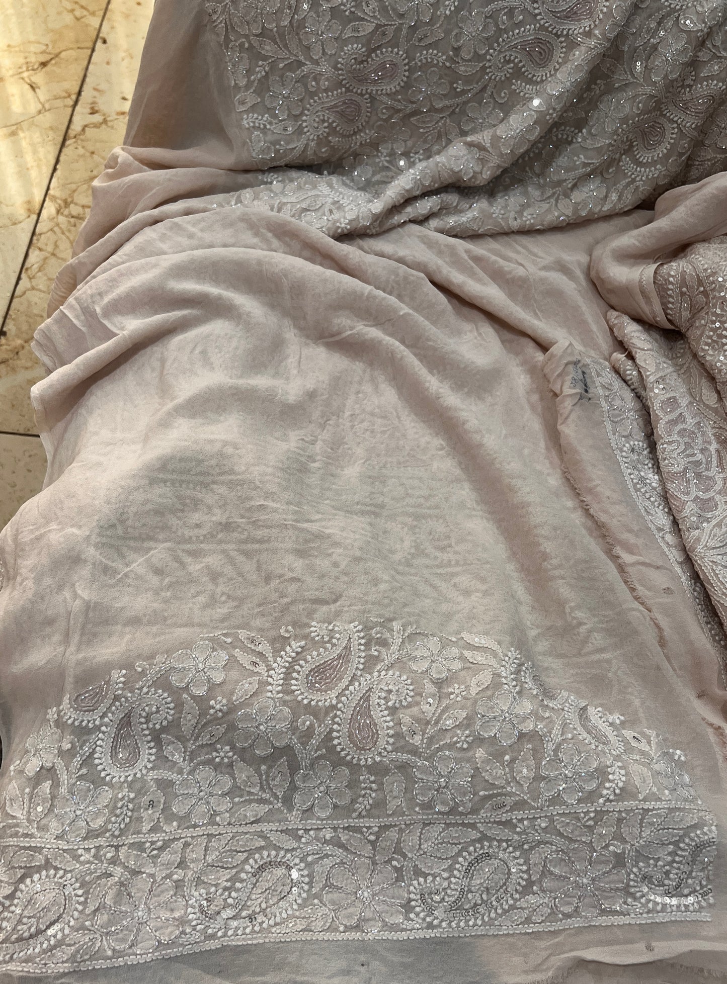 Ruhani Nude Beige Chikankari Cut Dana and Sequins Saree