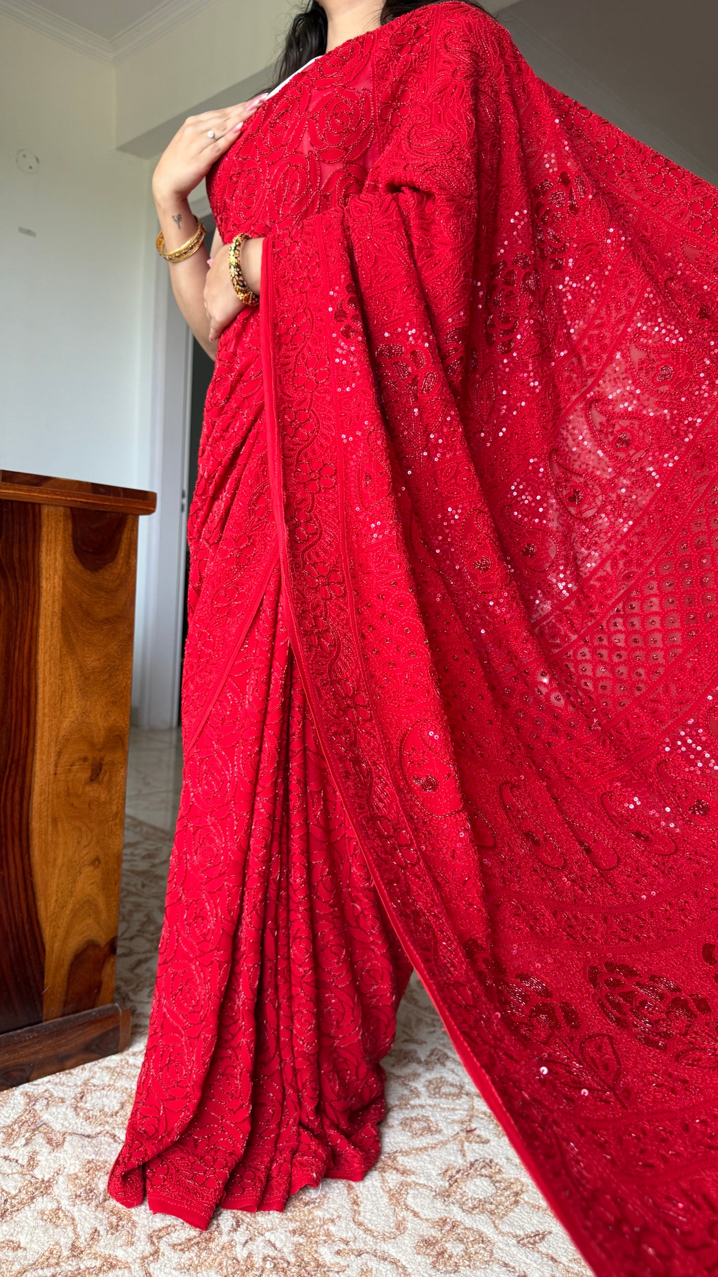 Surkh Laal Masterpiece Chikankari Cut Dana Sequins Saree