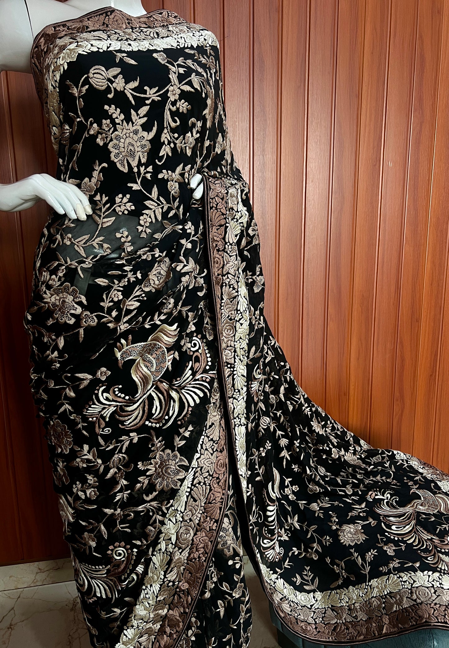 Black Masterpiece Parsi Gara Pure Georgette Saree