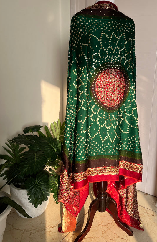 Green modal silk ajrakh and bandhej dupatta with heavy mukaish