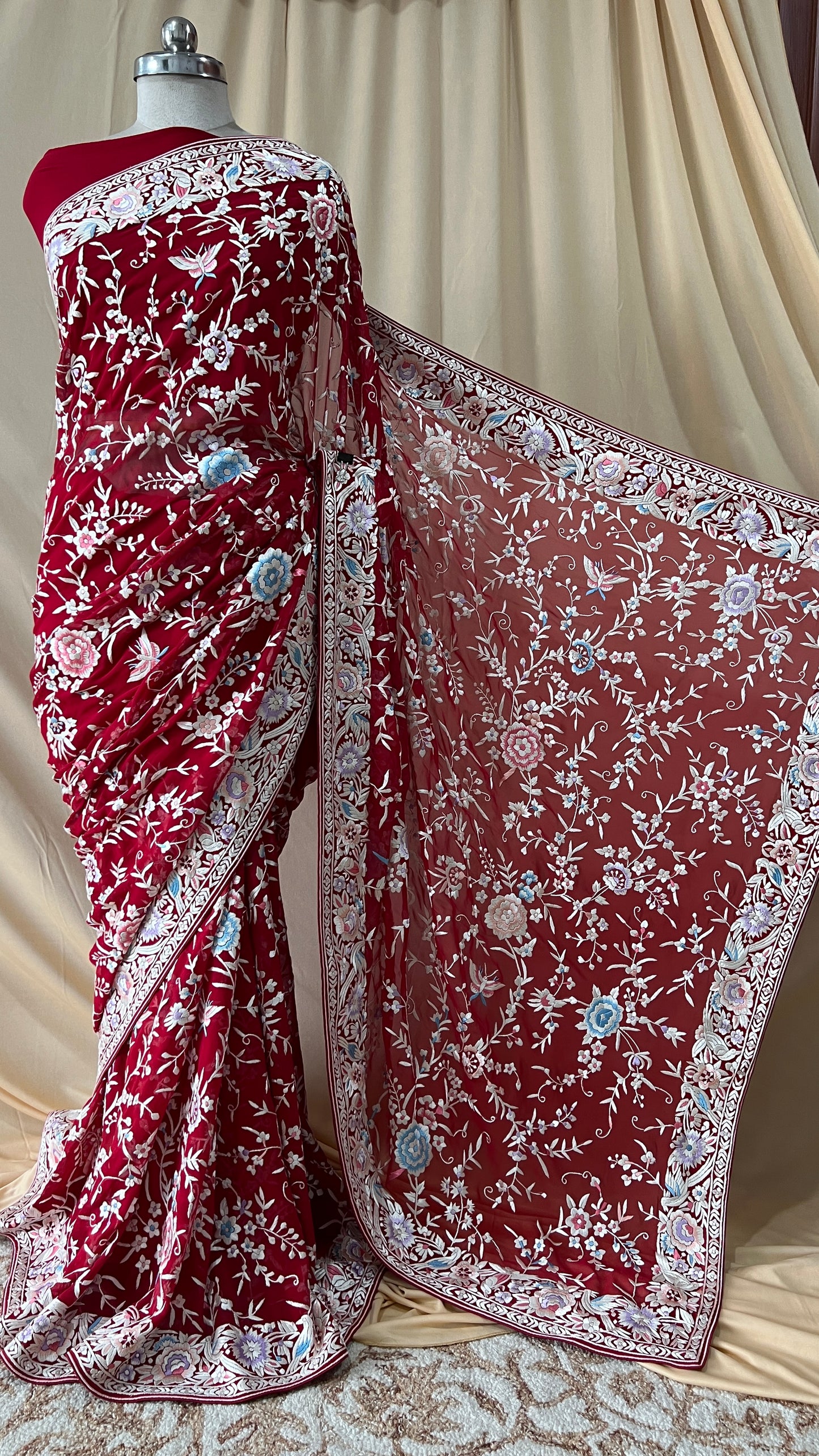 Red Masterpiece Parsi Gara Pure Georgette Saree
