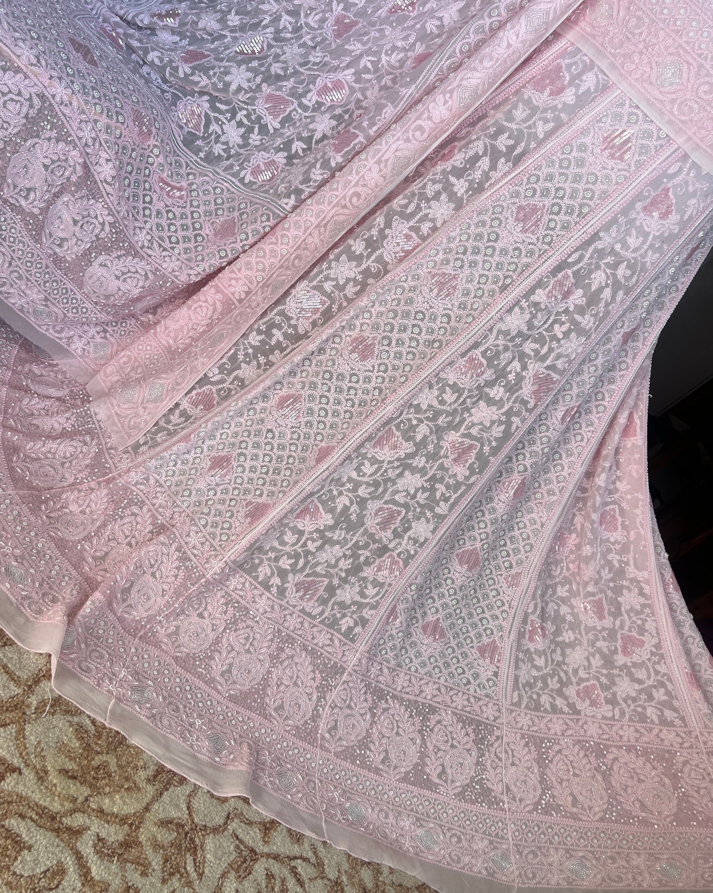 Ruhani Peachish Pink Chikankari Cut Dana Sequins Wedding Lehenga