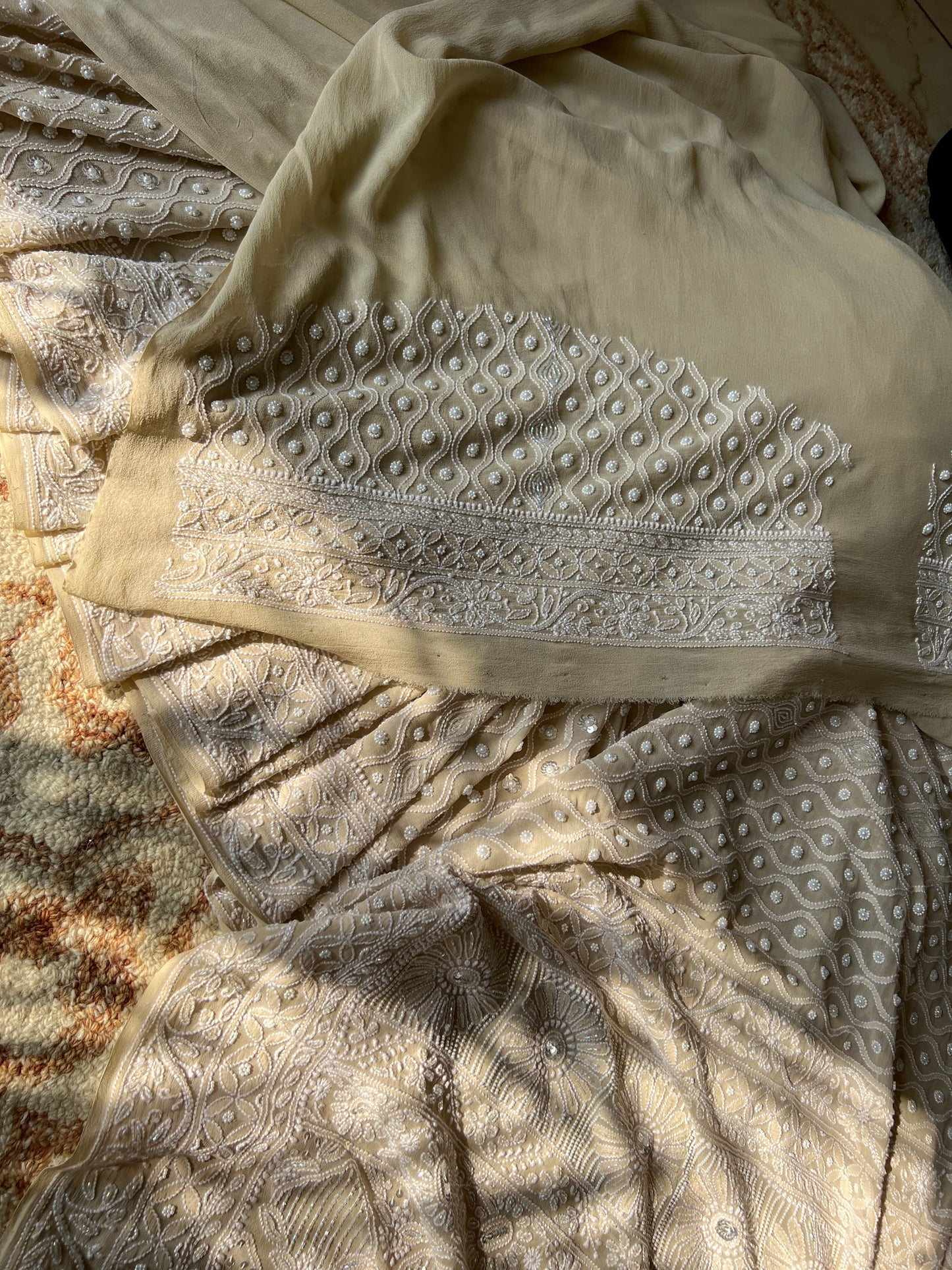 Ruhani Nude Champagne Chikankari Pearl Cut Dana and Sequins Saree