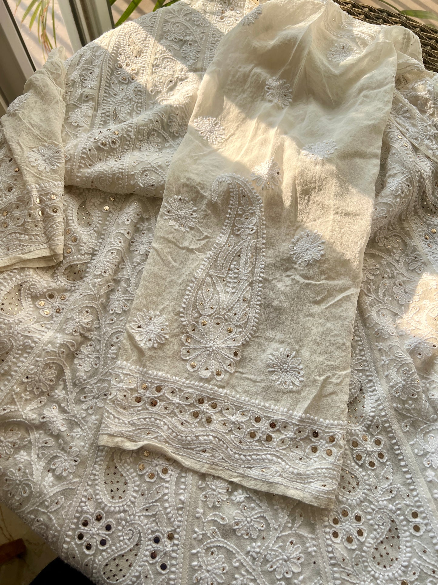 Chikankari and mukaish anarkali with organza dupatta