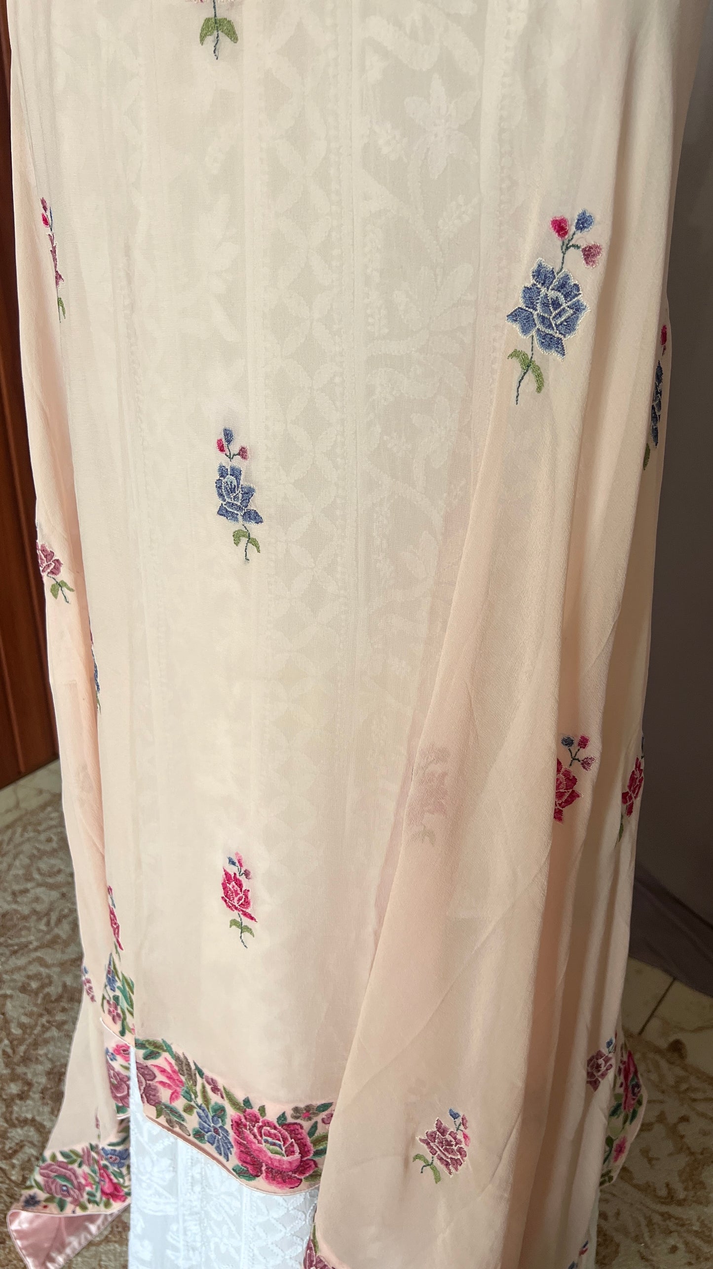 Powder pink Pure Georgette Dupatta With Petit point Hand Embroidery