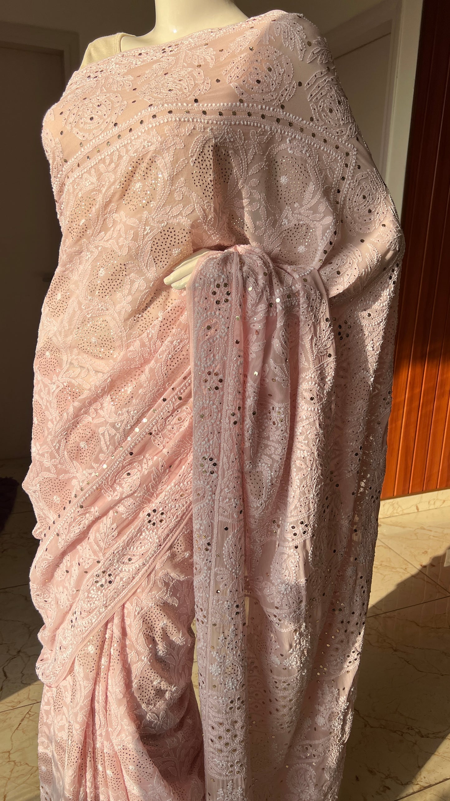 Ruhani Dusty Pink Allover Designer Chikankari and Mukaish Saree