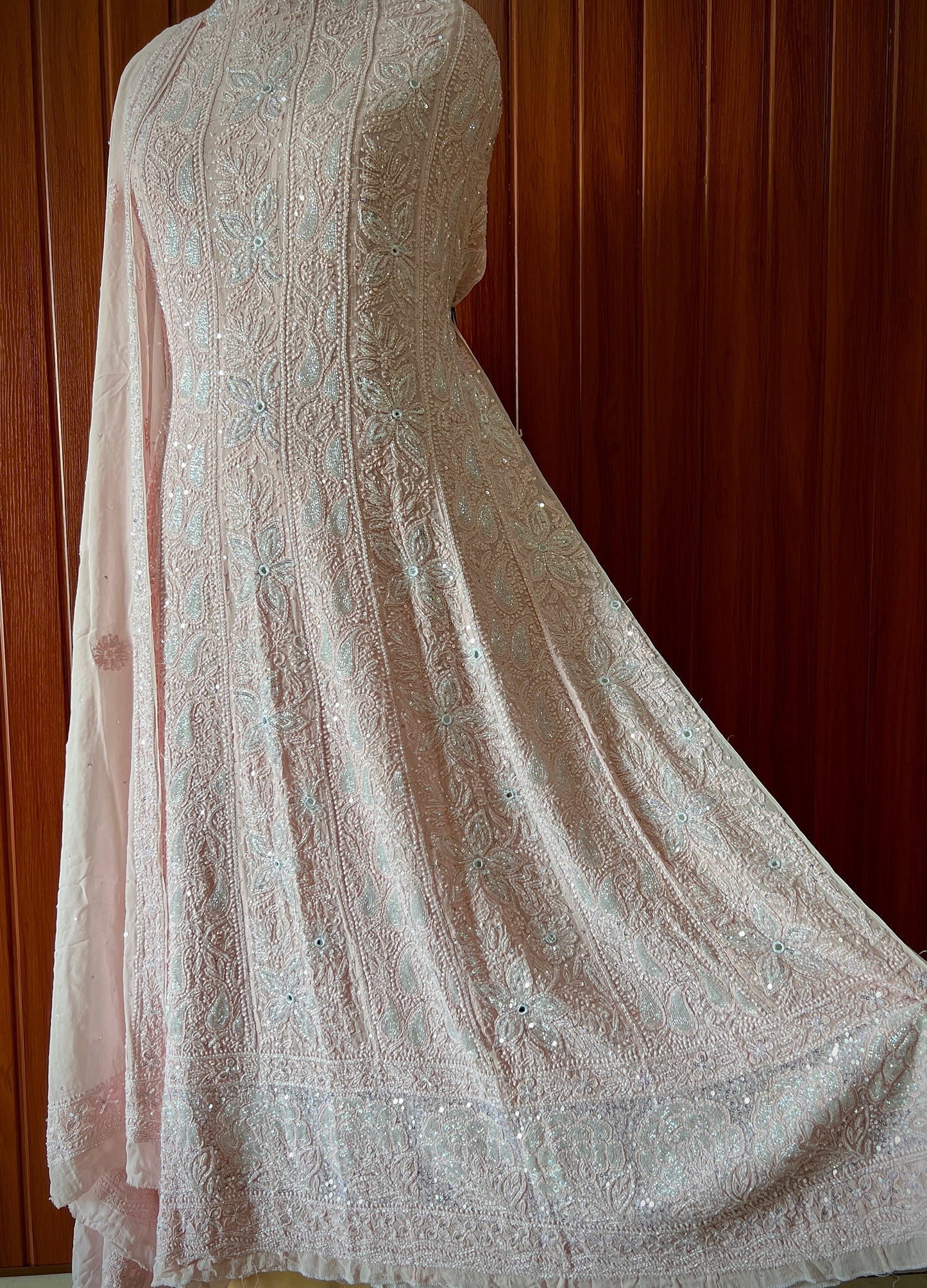 Ruhani Peachy Chikankari Sequins and Cut Dana Anarkali