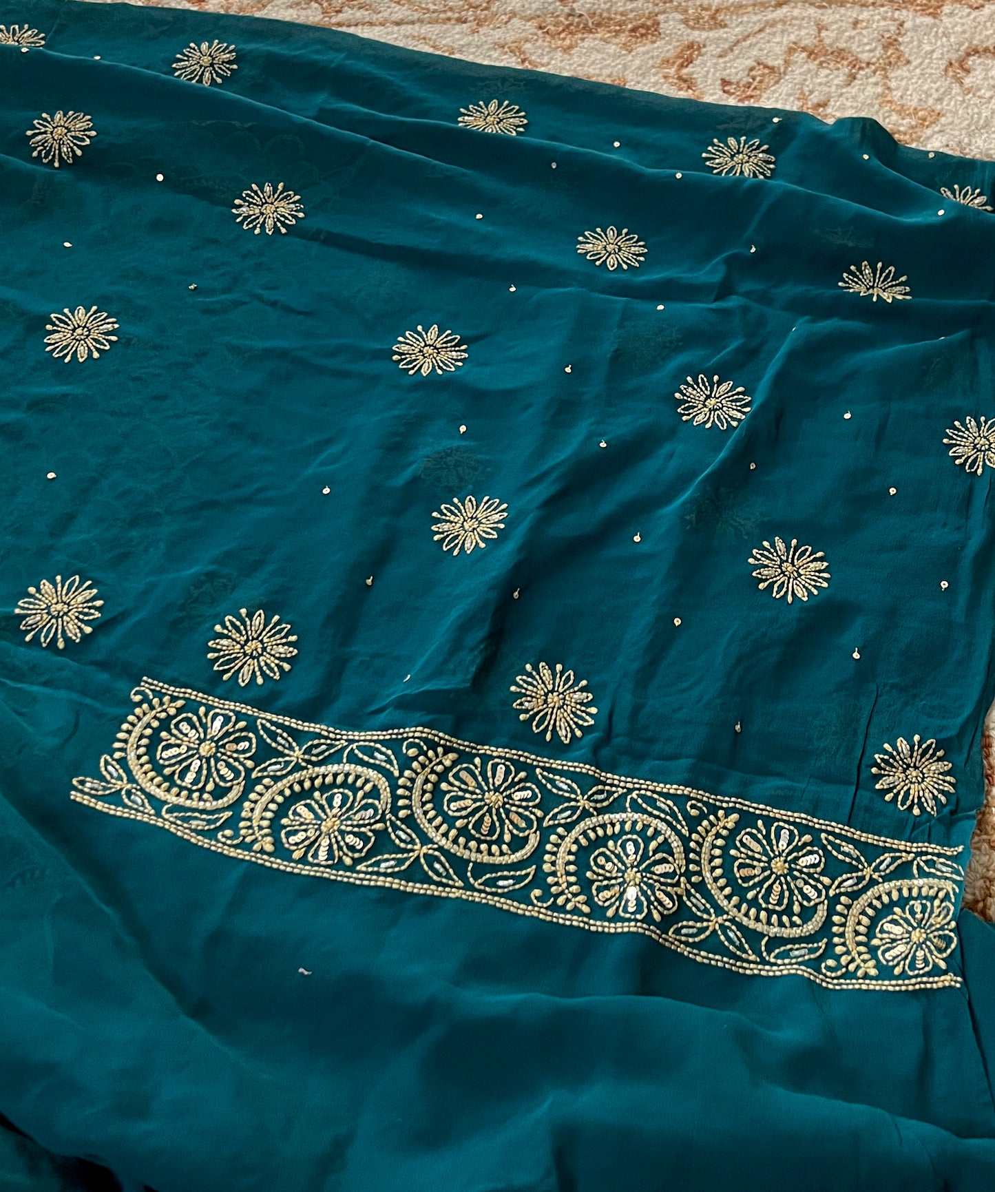 Ruhani Teal Chikankari heavy cut dana sequins kurta and dupatta