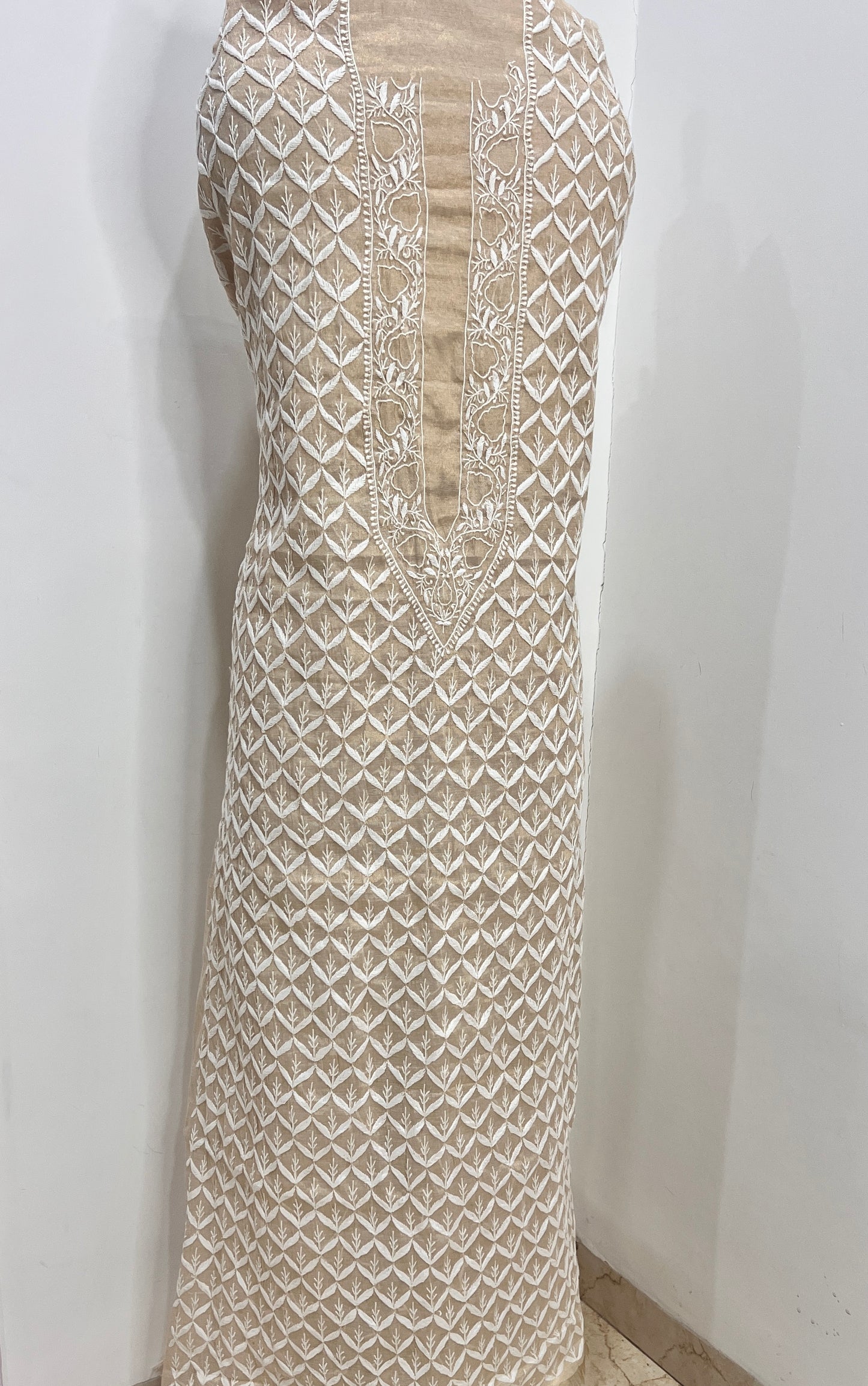 Tissue Chanderi Silk fine Chikankari Kurta Fabric
