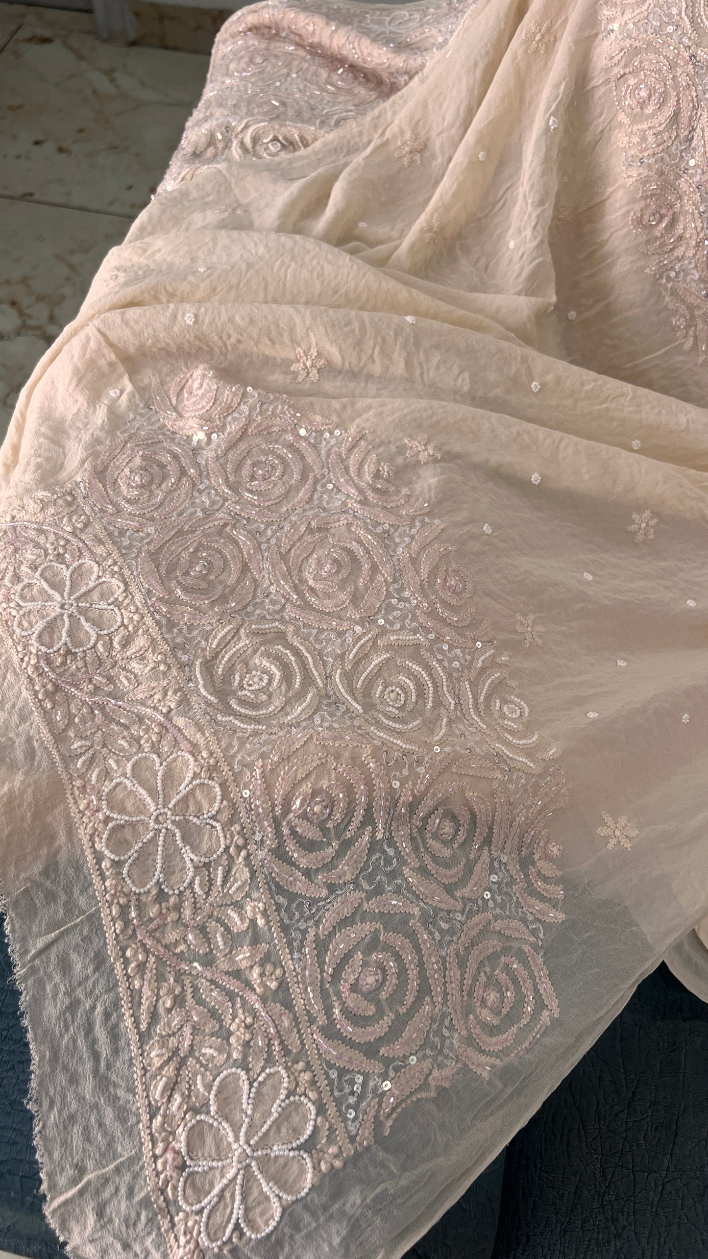 Ruhani Beige Chikankari Cut Dana and Sequins Saree