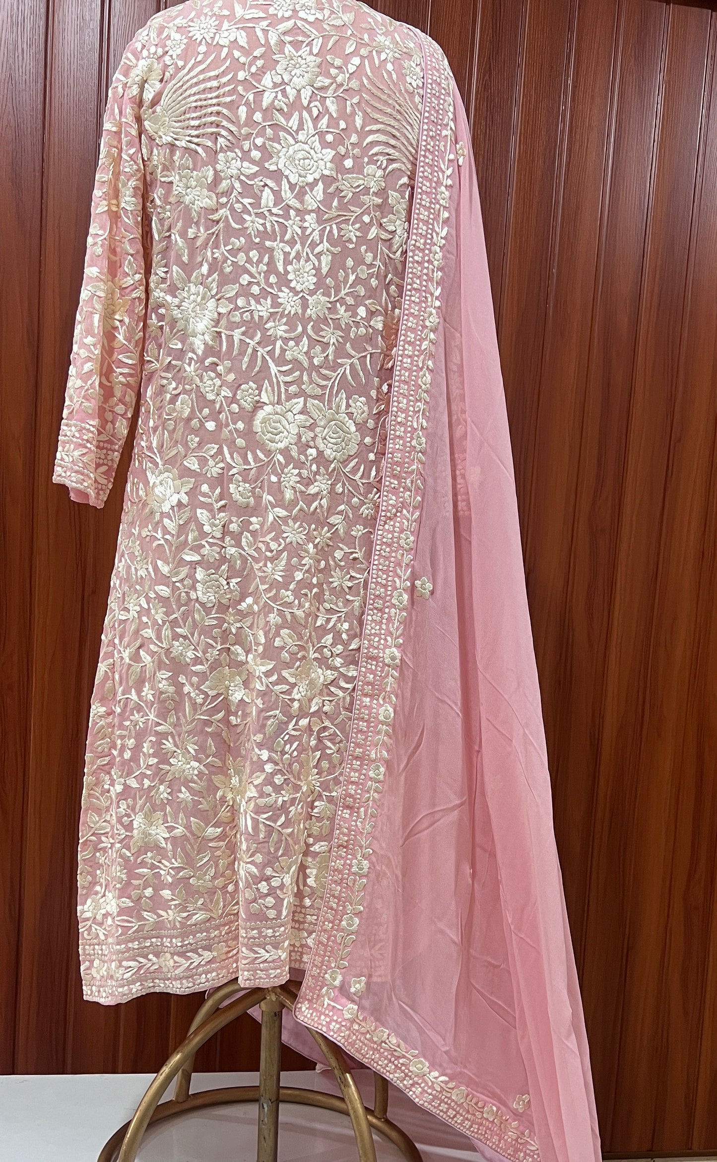 Pretty Pink Masterpiece Hand Embroidered Parsi Gara Kurta dupatta set