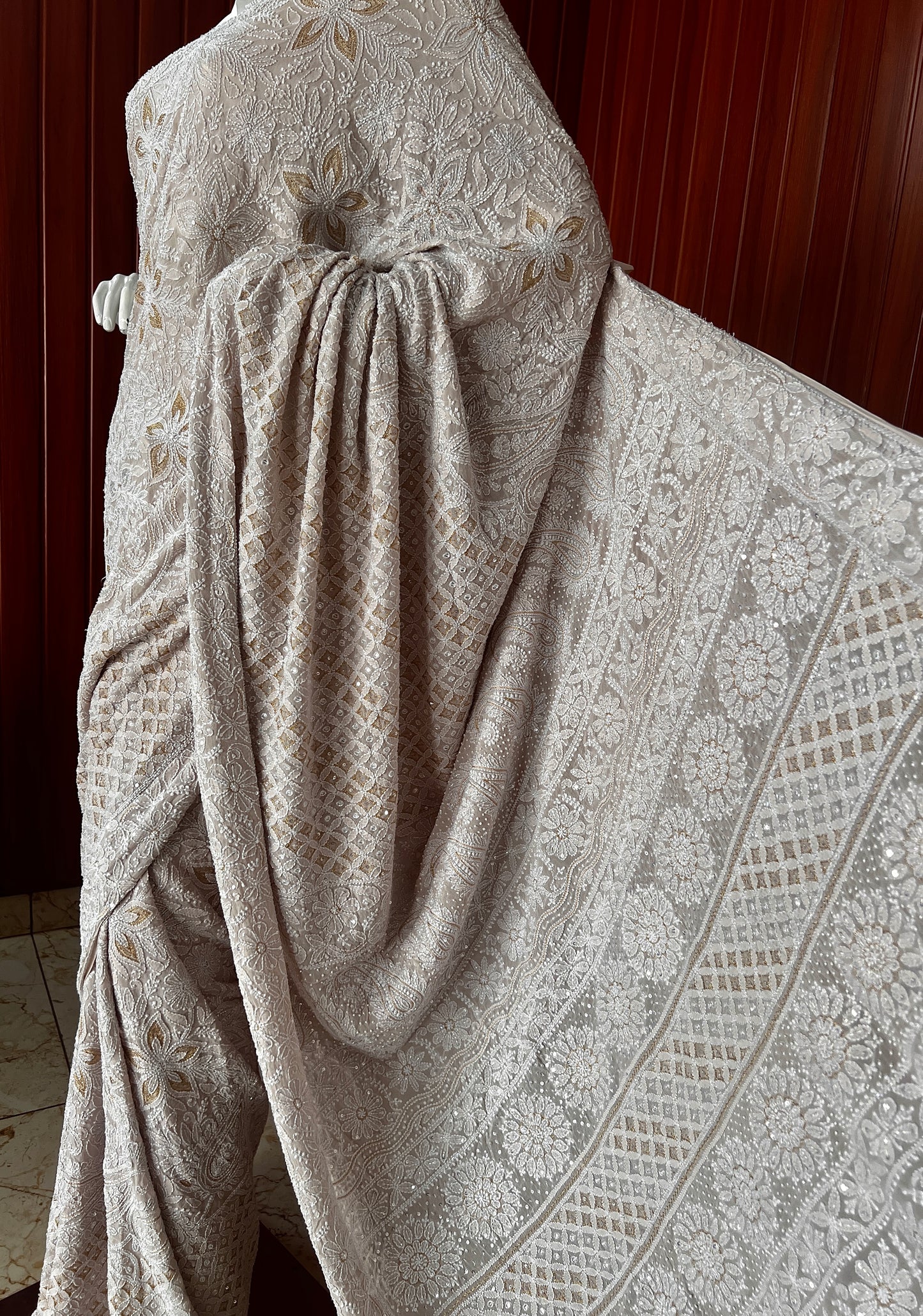 Ruhani Nude Champagne Chikankari and Cut Dana Saree