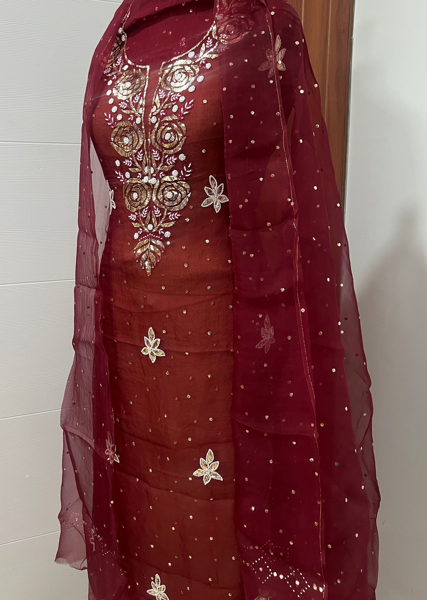 Maroon Badla and Mukaish work pure Organza kurta with dupatta