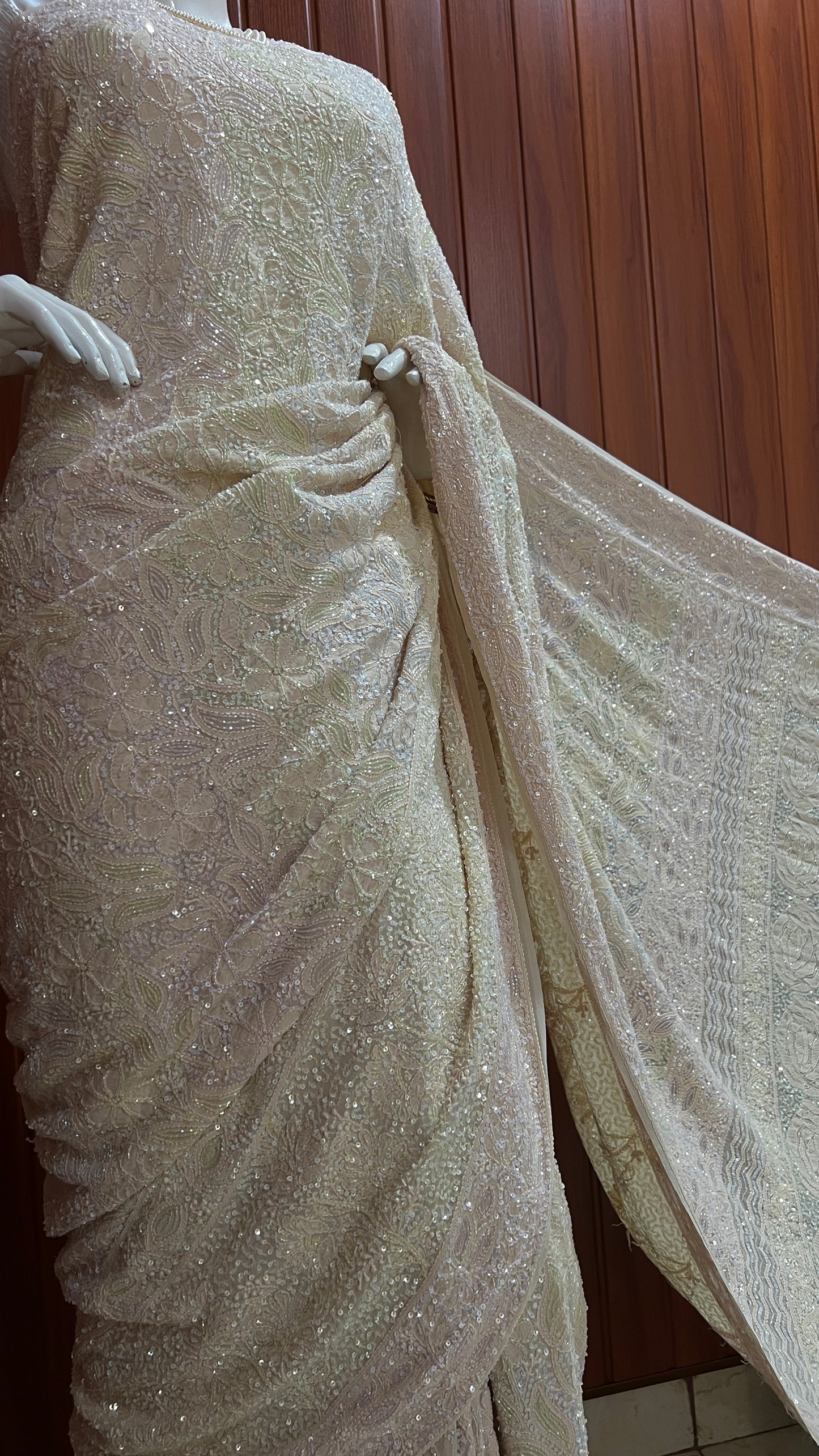 Ruhani Champagne Masterpiece Chikankari and Multicolored Cut Dana Saree