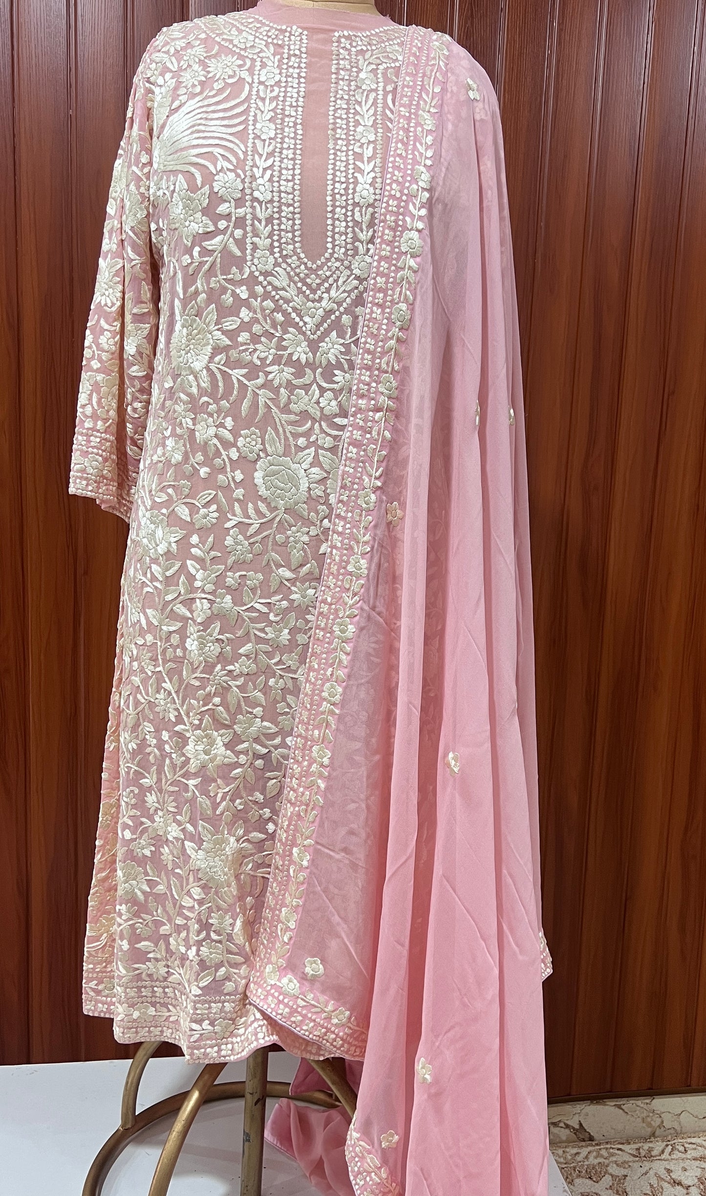 Pretty Pink Masterpiece Hand Embroidered Parsi Gara Kurta dupatta set