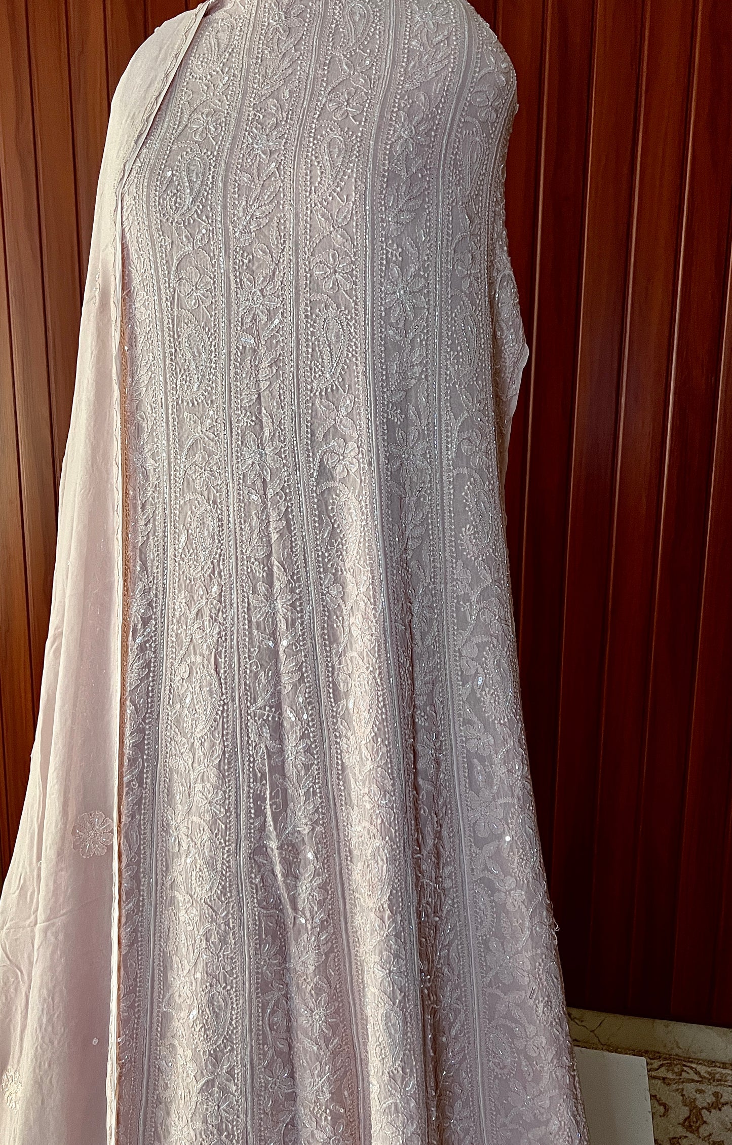 Dusty pink Chikankari and Cut Dana Embroidered Anarkali with Dupatta