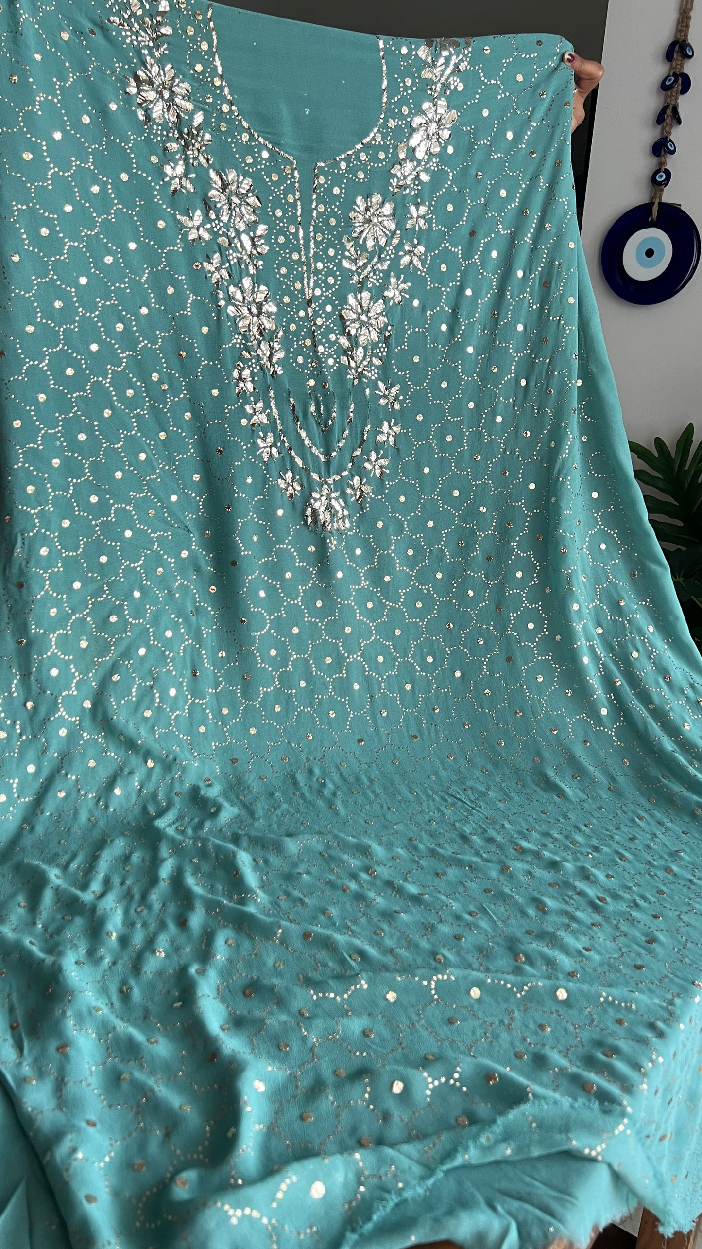 Ocean blue badla and mukaish work Kurta and Dupatta