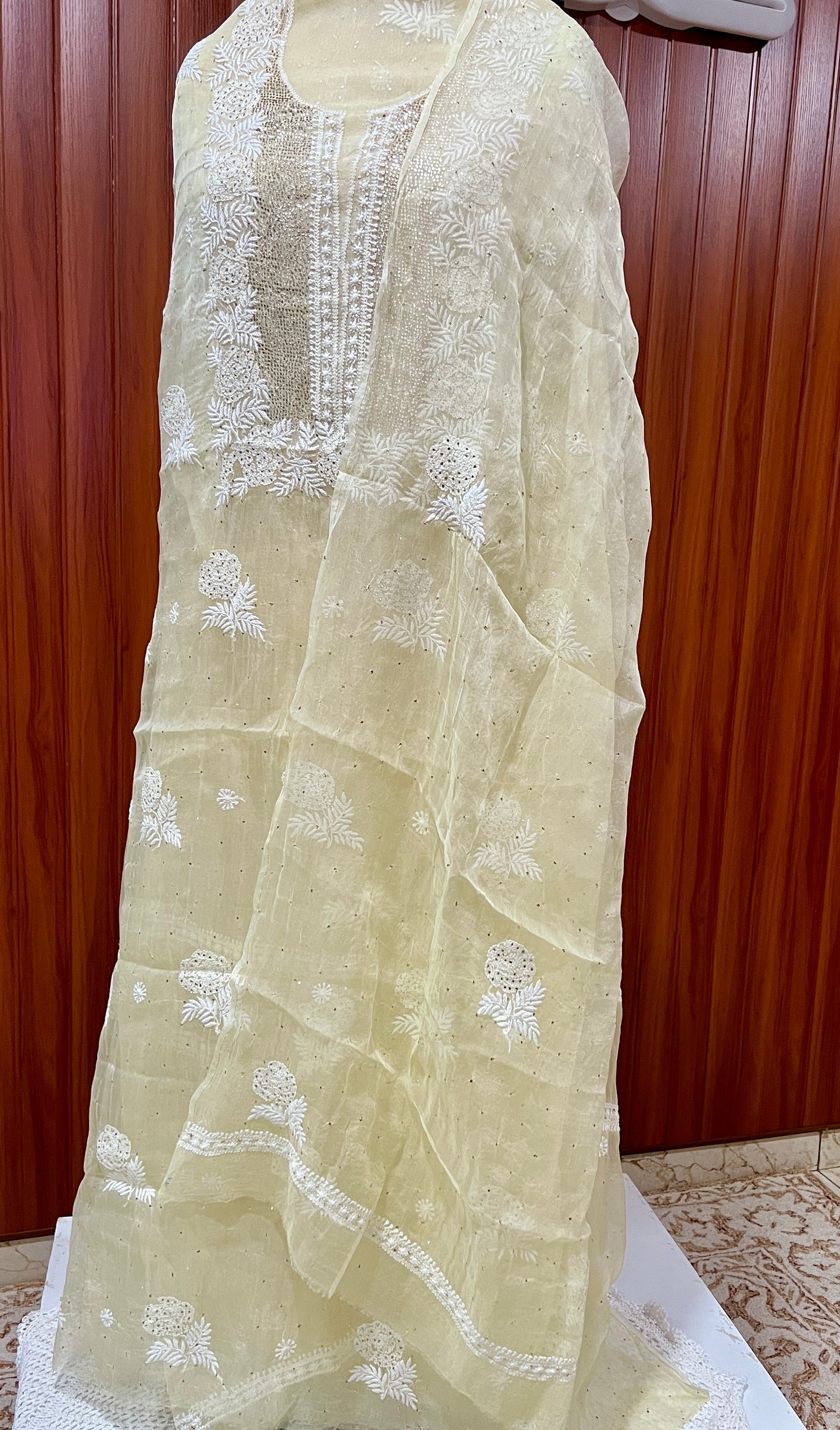 Lemon yellow Chikankari and mukaish work pure Organza kurta with dupatta