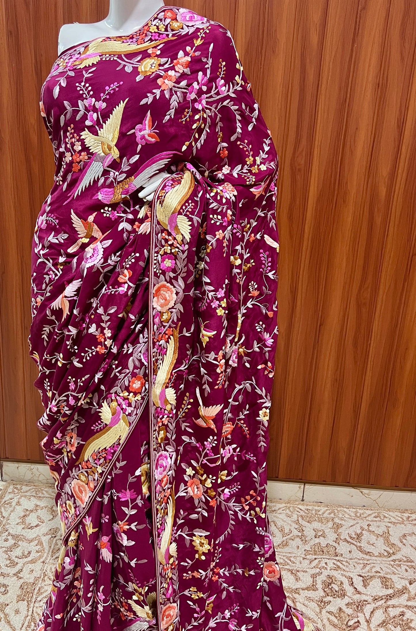 Burgundy Masterpiece Parsi Gara Pure Crepe Saree