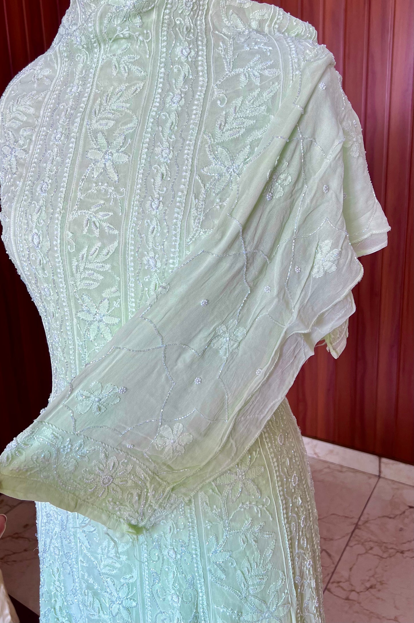 Lime green Chikankari Pearl Cut Dana Embroidered Anarkali with Dupatta