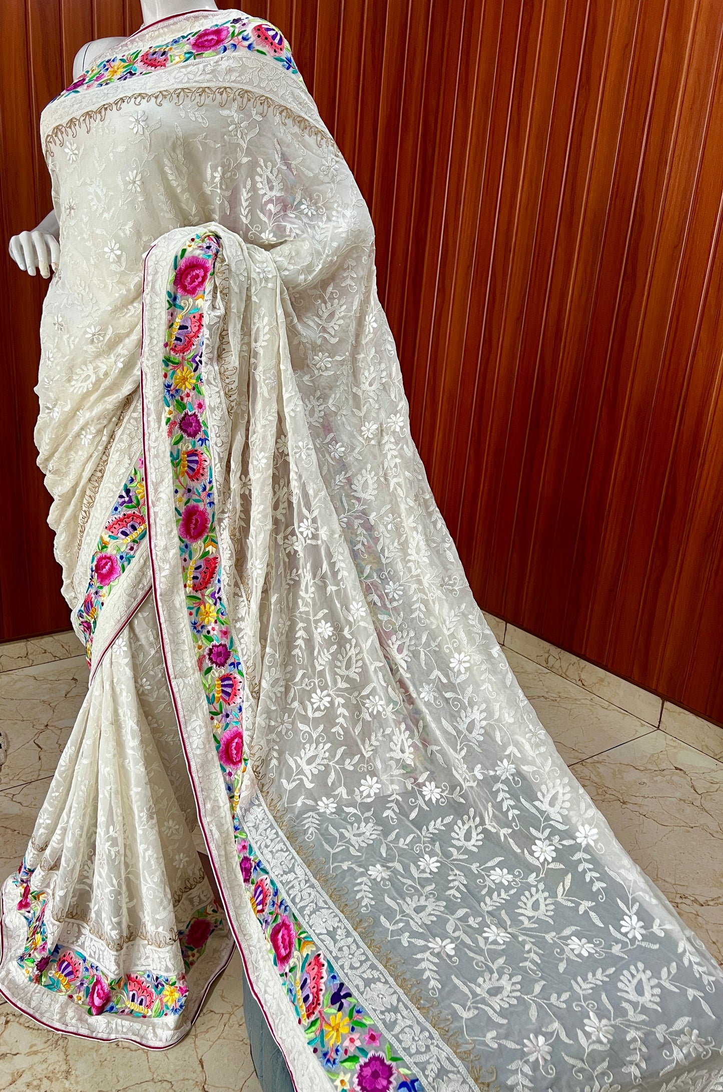 Ivory Pure Georgette saree with allover shadow work and masterpiece parsi gara border
