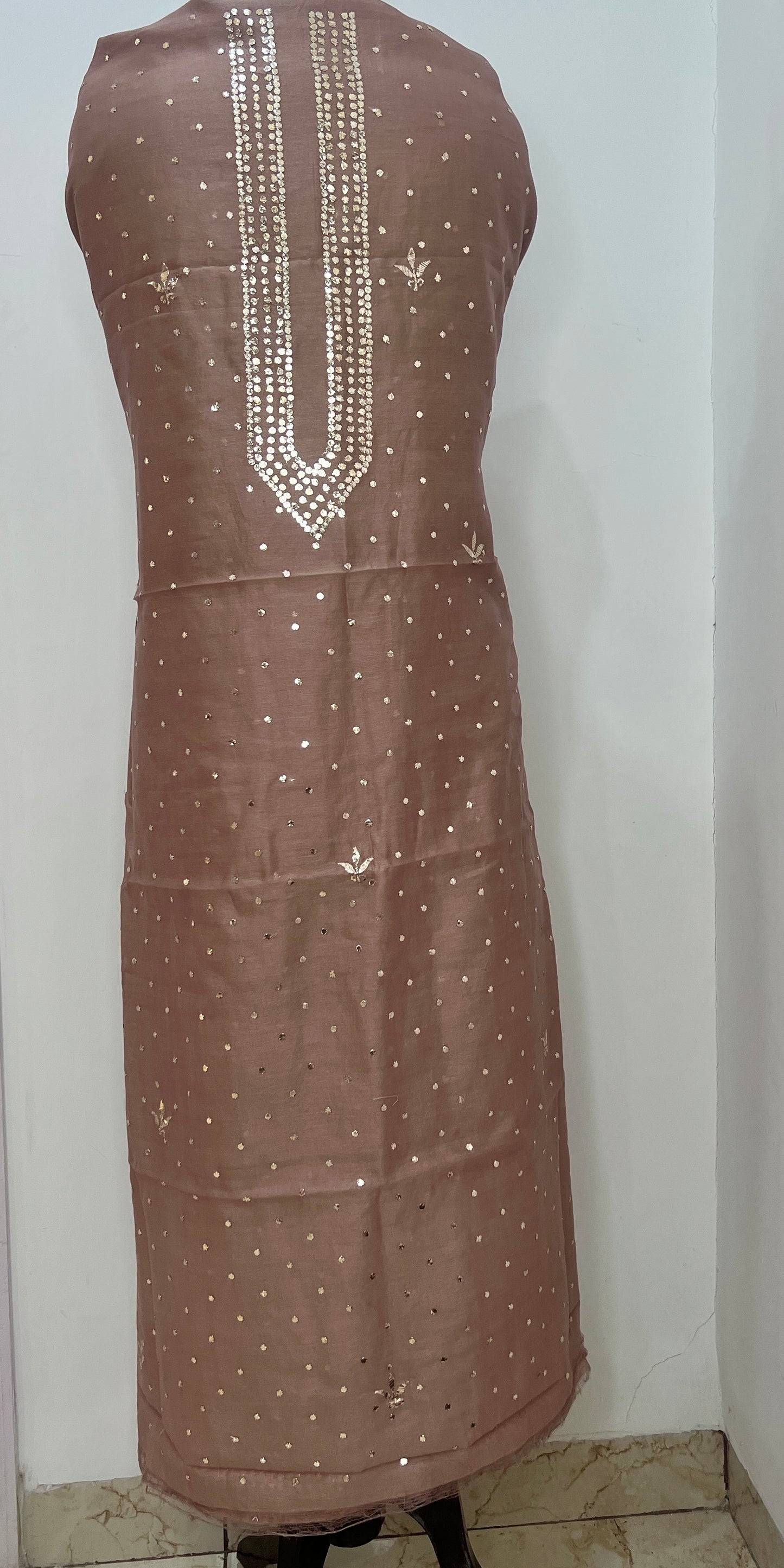 Light brown Brown Chanderi Silk Kurta Fabric with Allover Mukaish work