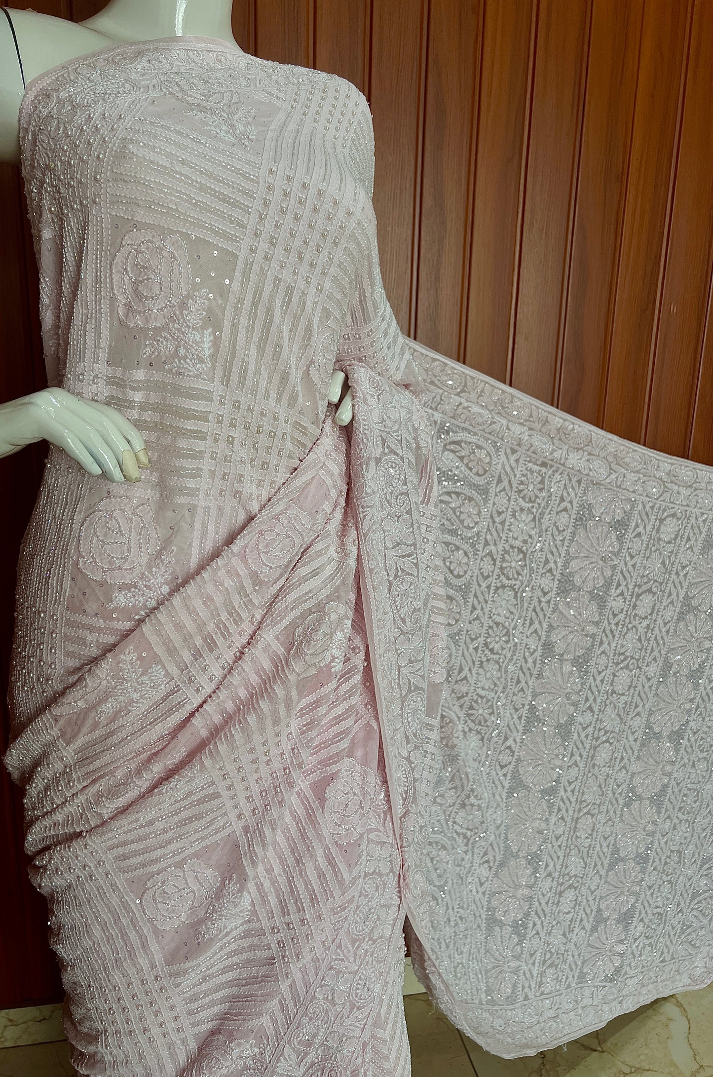 Ruhani Light Pink Chikankari Cut Dana Pearl and Sequins Masterpiece Saree