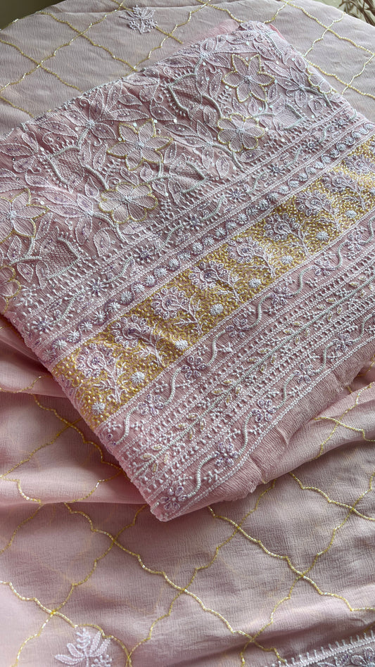 Ruhani Pink pure chiffon Chikankari cut dana and sequins kurta and dupatta