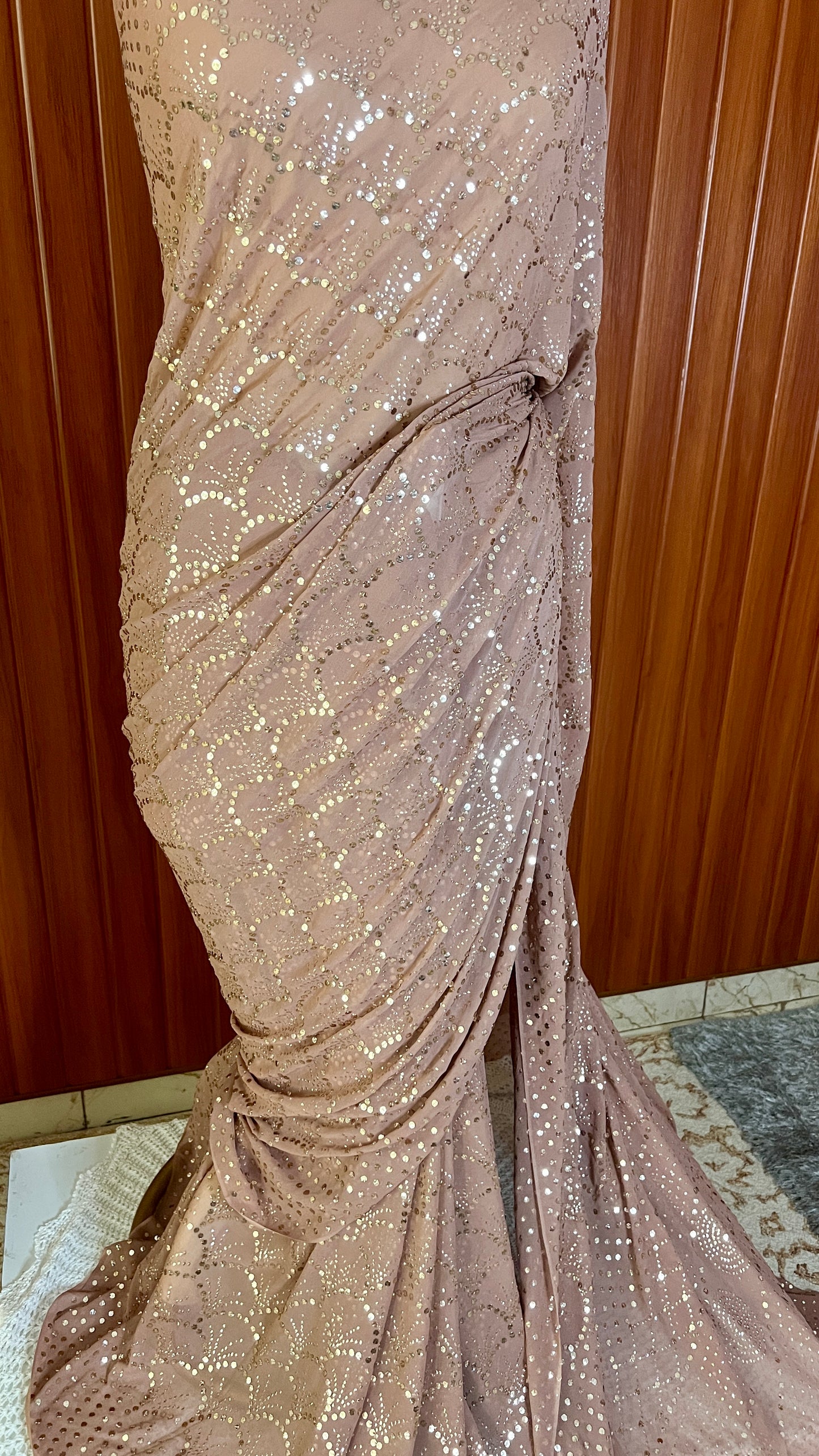 Ruhani Cocoa Brown Heavy Badla & Mukaish Pure Georgette Saree