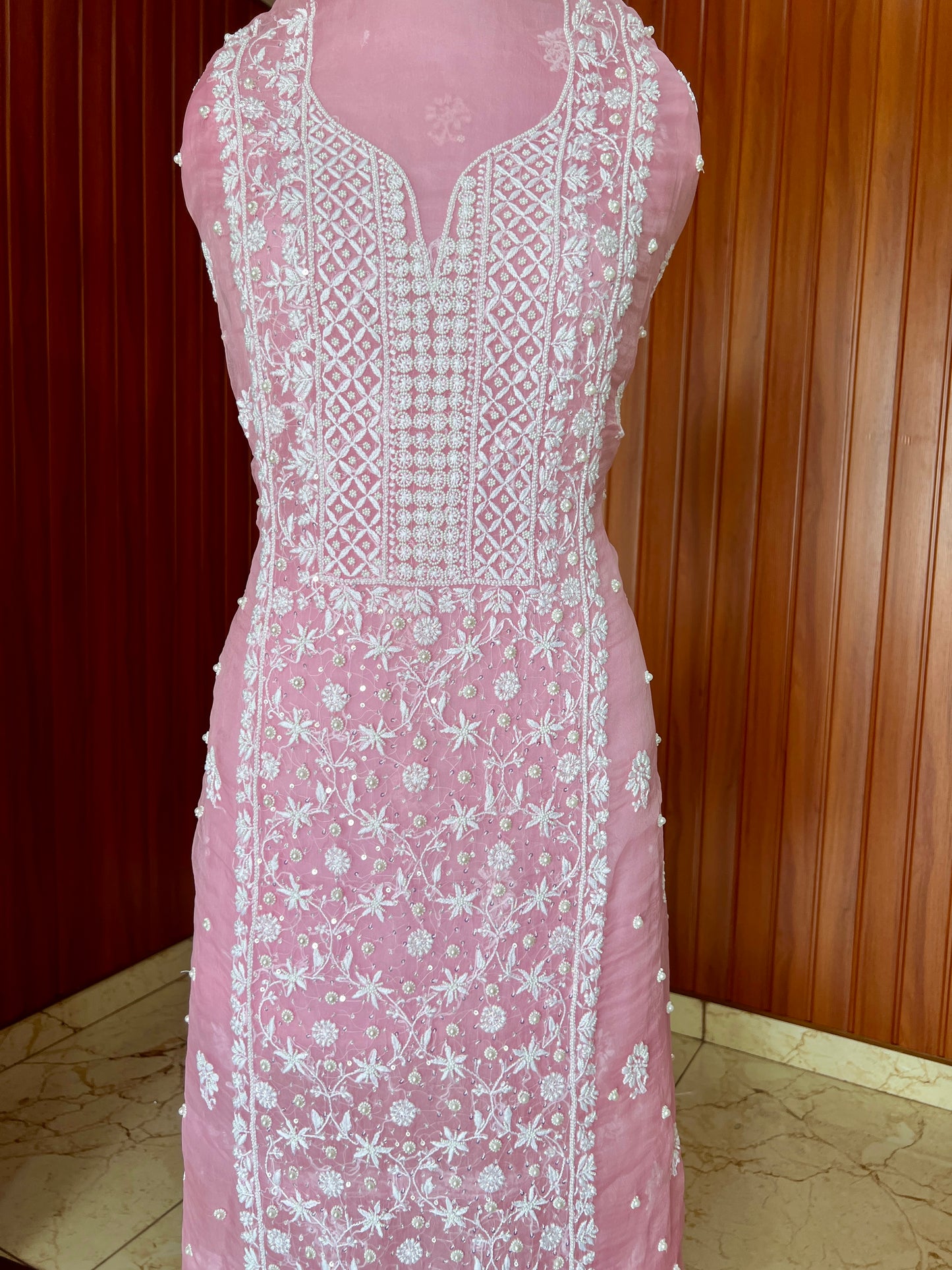 Pink Chikankari and pearl work pure Organza kurta with dupatta