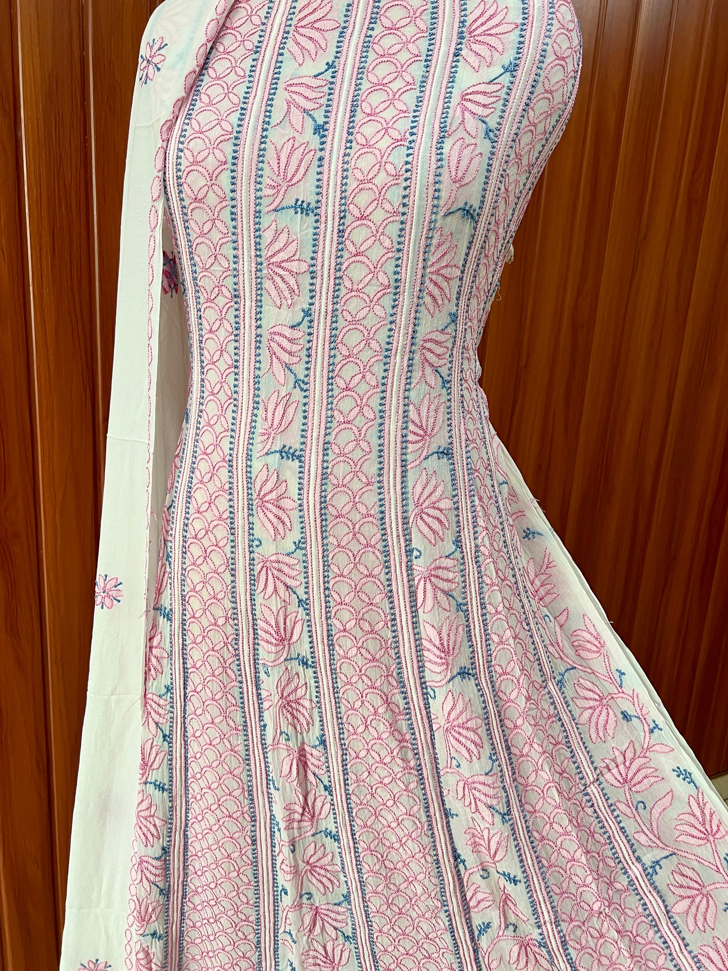 White and pink Resham Chikankari Embroidered Anarkali with Dupatta
