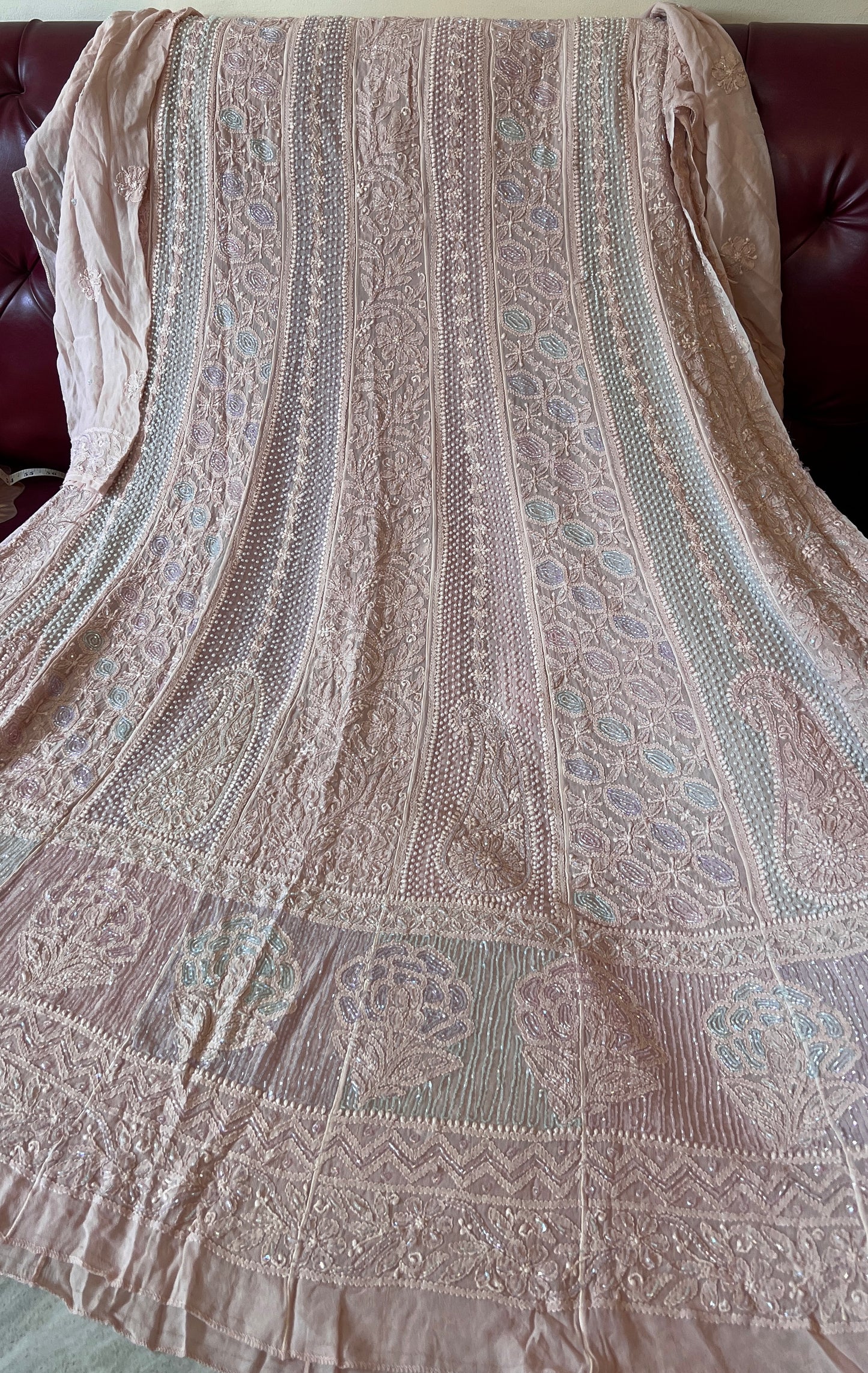 Nude Pink Chikankari Pearl and Cut Dana Embroidered Anarkali with Dupatta