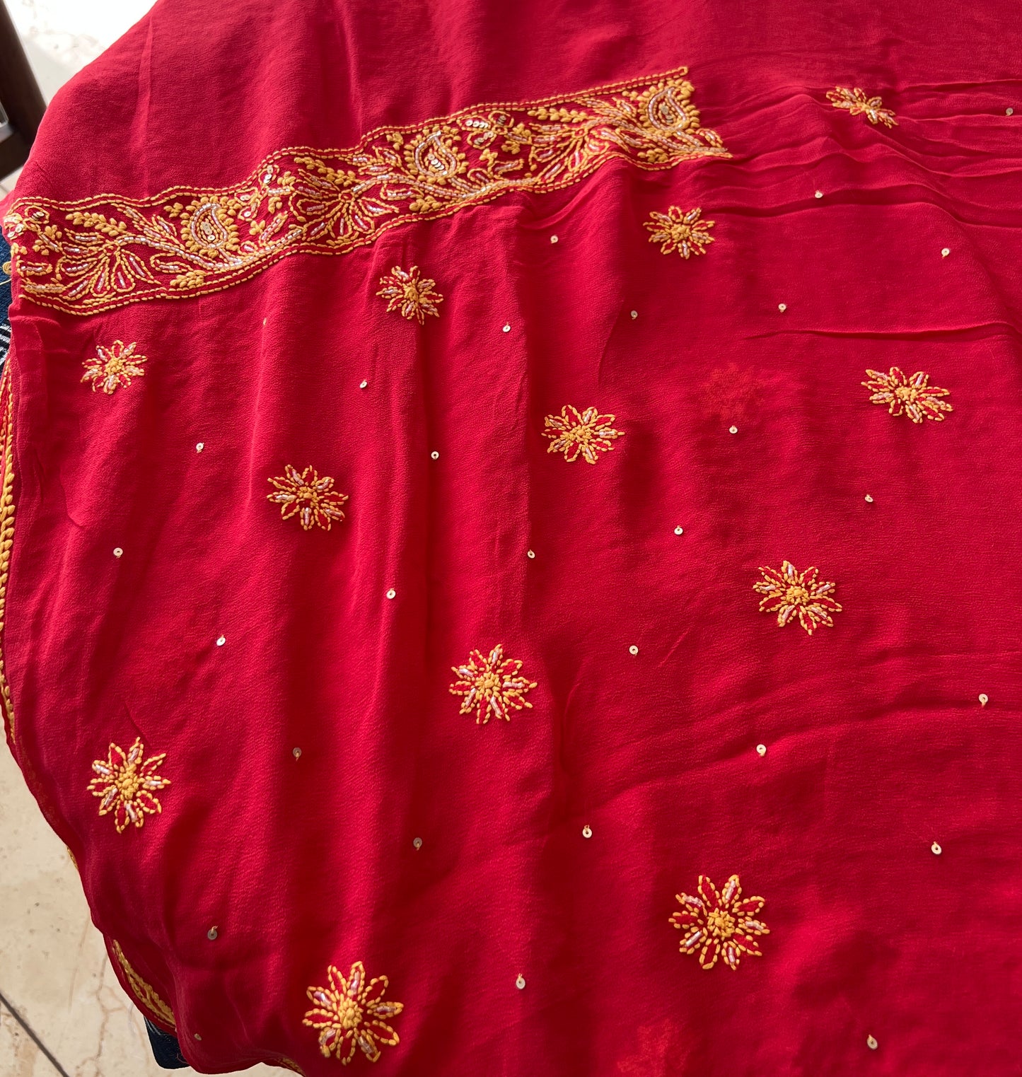 Ruhani Red Chikankari golden cut dana sequins kurta and dupatta