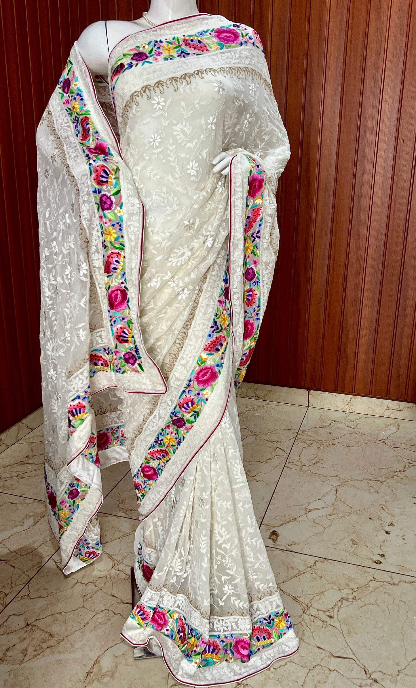Ivory Pure Georgette saree with allover shadow work and masterpiece parsi gara border