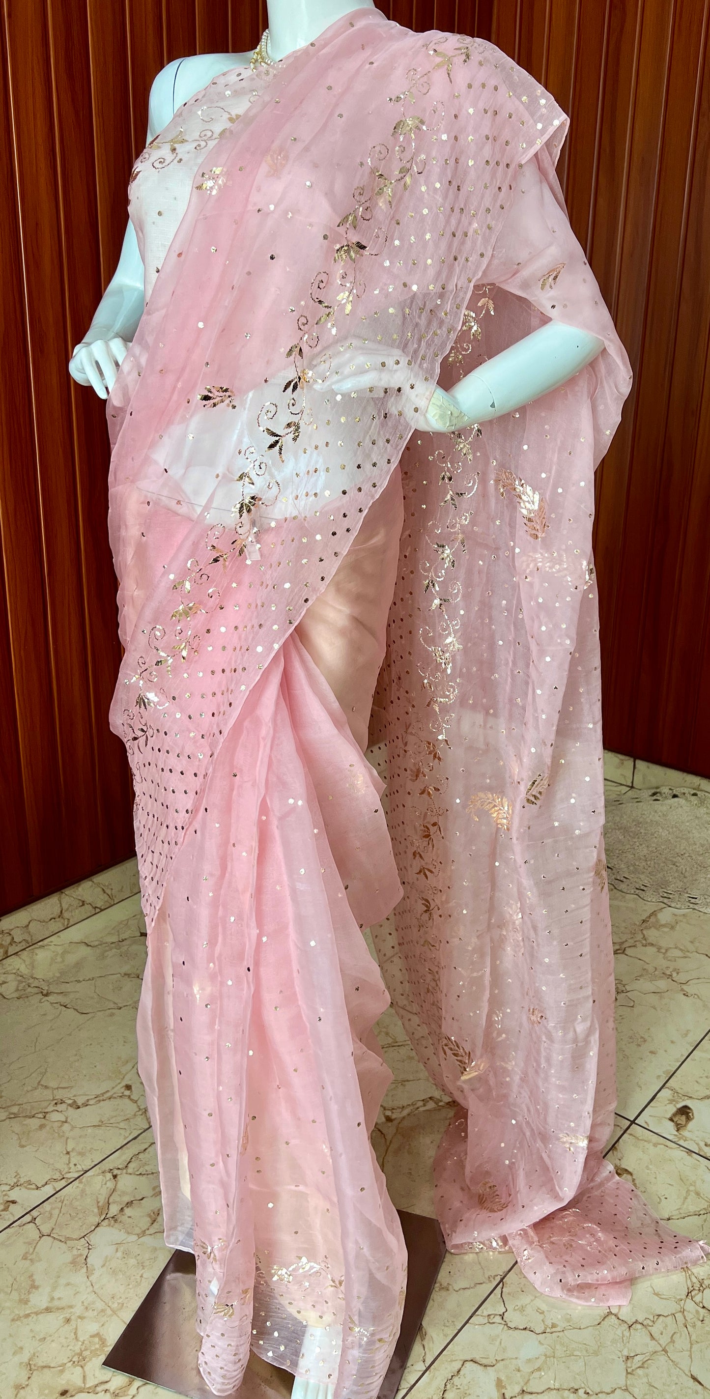 Ruhani Blush Pink Pure Organza Saree with Badla and Mukaish Work