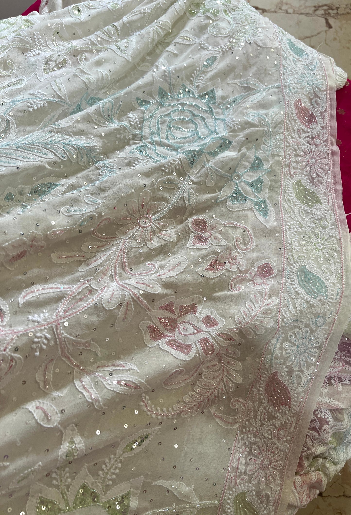 Ruhani Ivory Chikankari multicolored Cut Dana and Sequins Saree