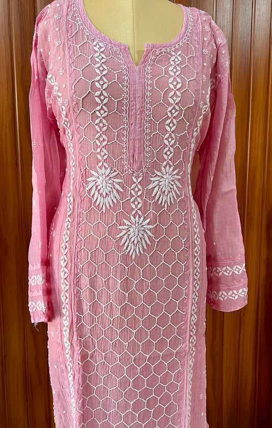 Pink Mul chanderi Chikankari pearl embroidered kurta and dupatta