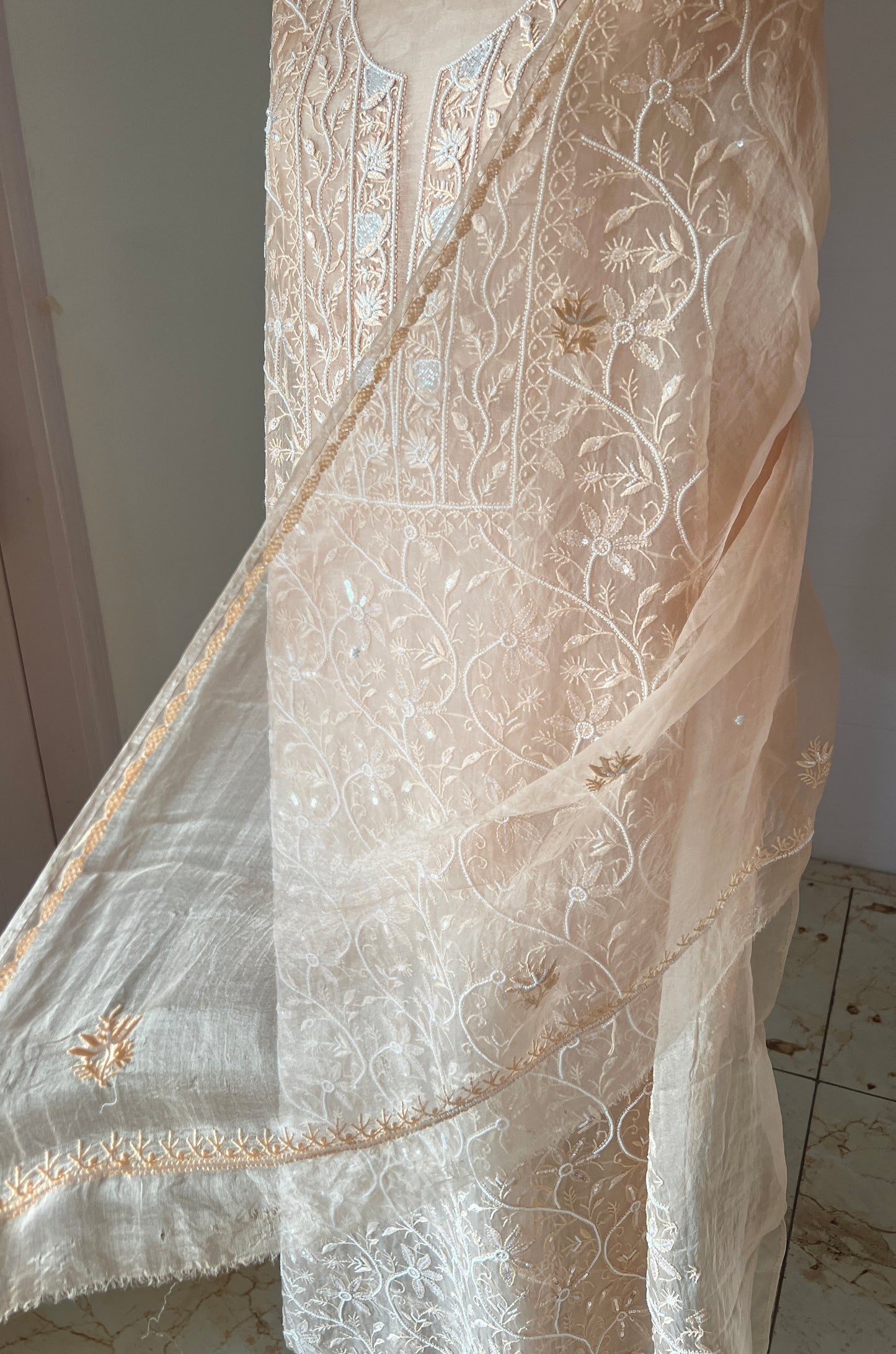 Dusty peach chikankari sequins and pearl work pure Organza kurta with dupatta