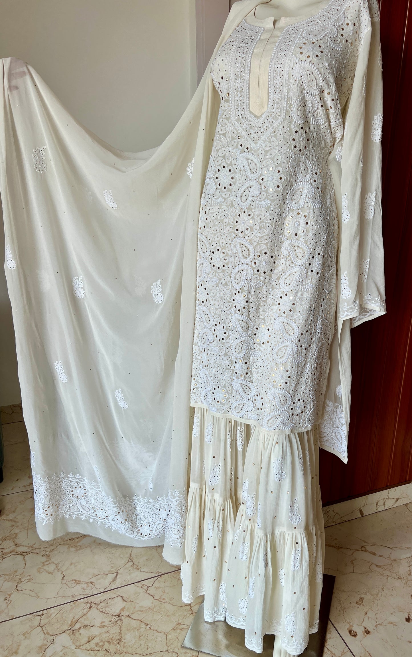 Ivory pure georgette Chikankari and Mukaish sharara set
