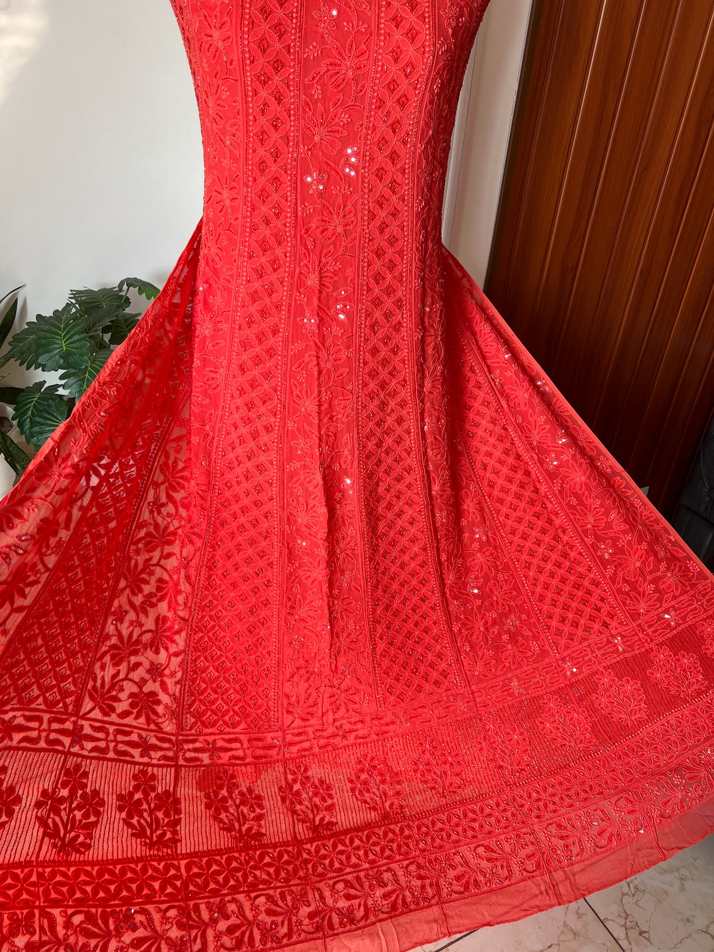 Coral Orange Chikankari Cut Dana and sequins Anarkali with Dupatta