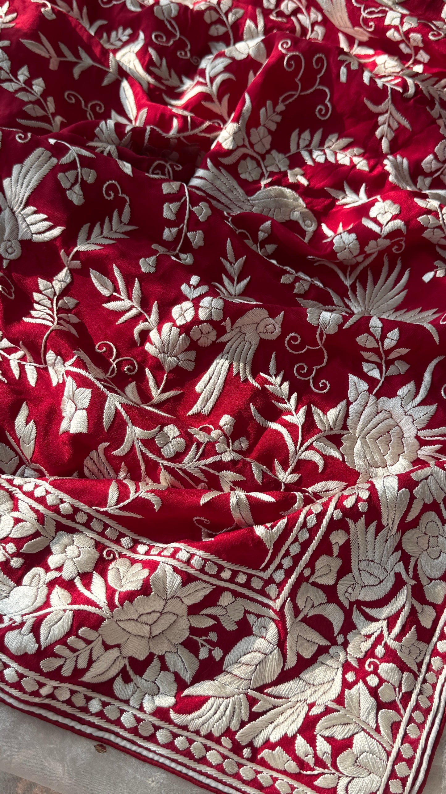 Red Masterpiece Parsi Gara Hand Embroidered Saree