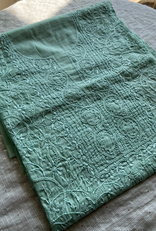Sage green Mul chanderi Chikankari embroidered kurta and dupatta