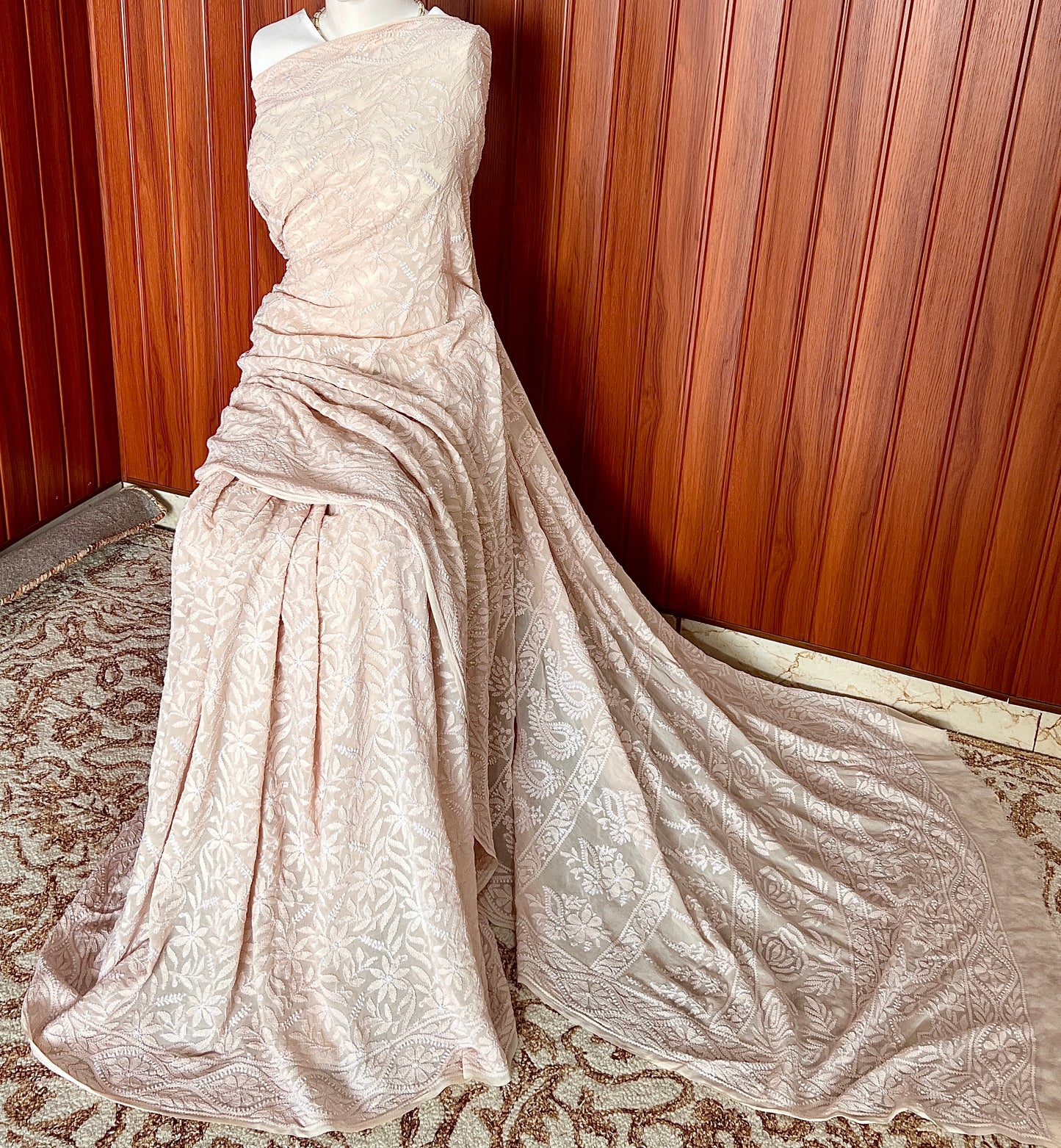 Ruhani nude peach fine Chikankari Hand Embroidered Saree