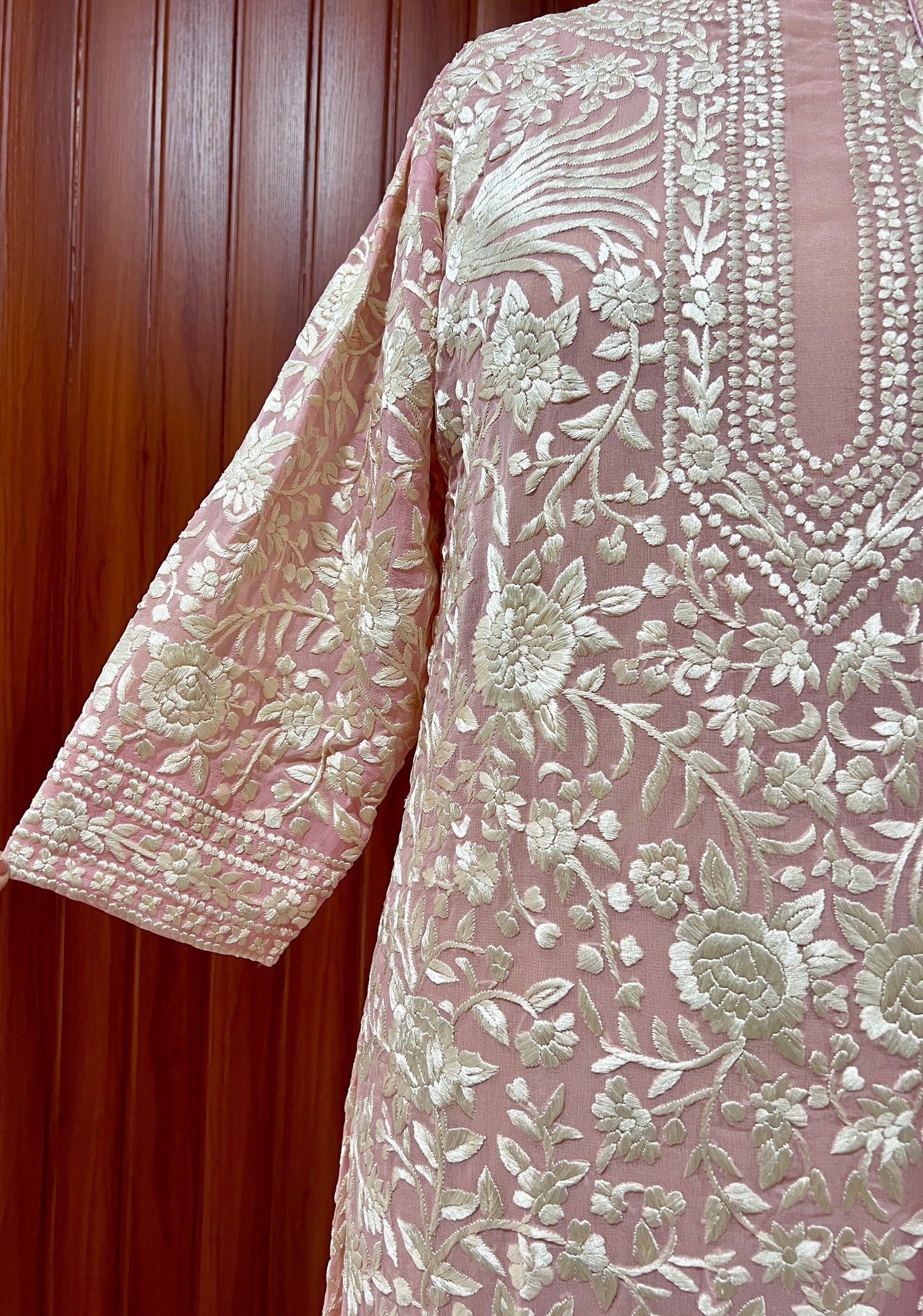 Pretty Pink Masterpiece Hand Embroidered Parsi Gara Kurta dupatta set