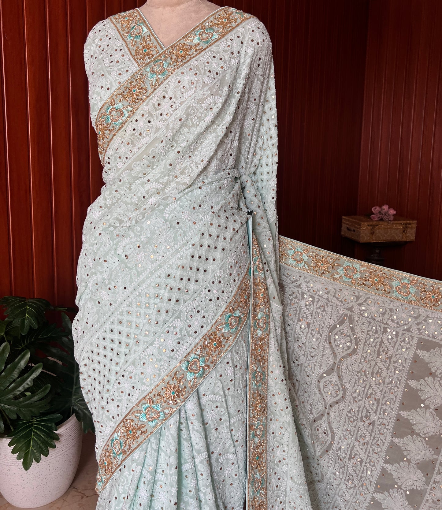 Ruhani Firozi Chikankari and Mukaish Saree with designer border