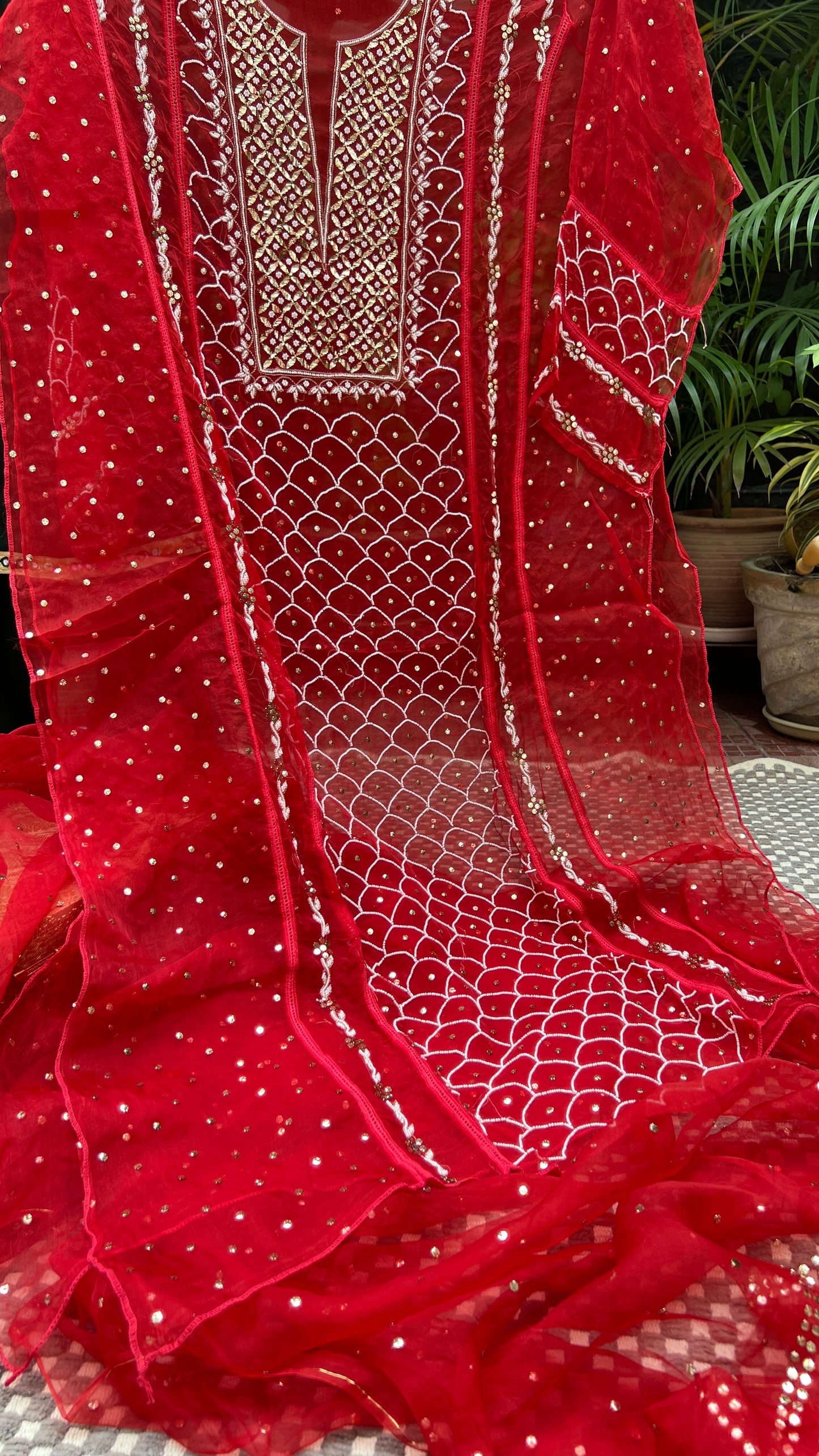 Red Mukaish Pearl work Pure Organza kurta with dupatta