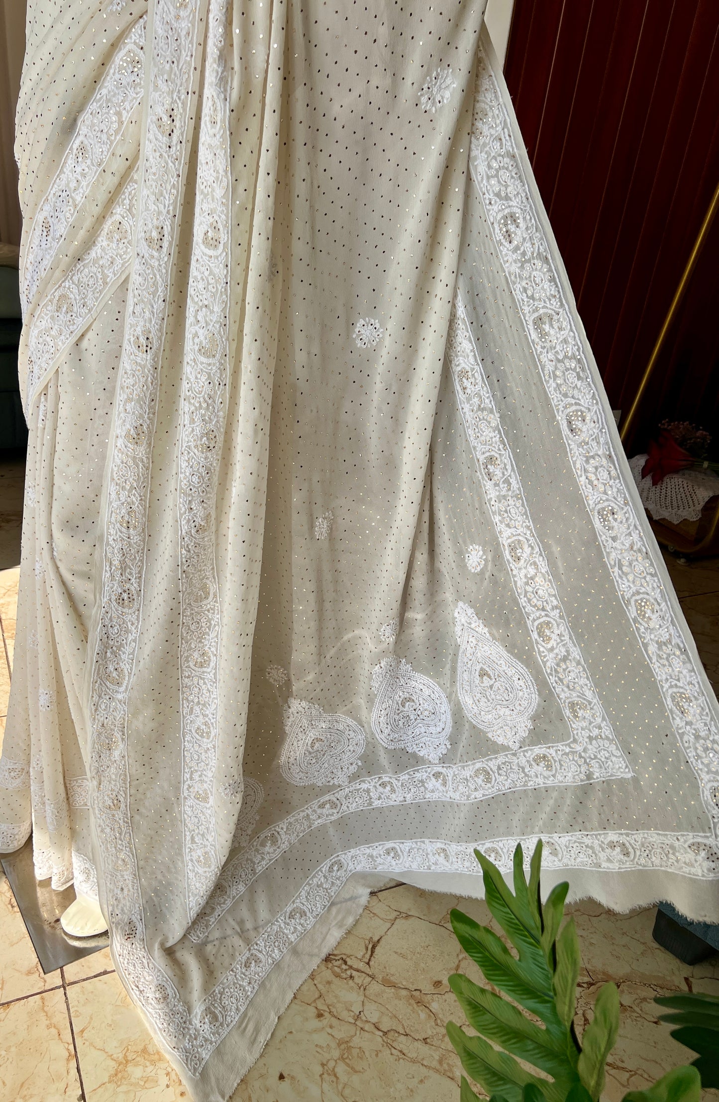 Ivory Ruhani Allover Fine Chikankari and Bareek Mukaish Saree
