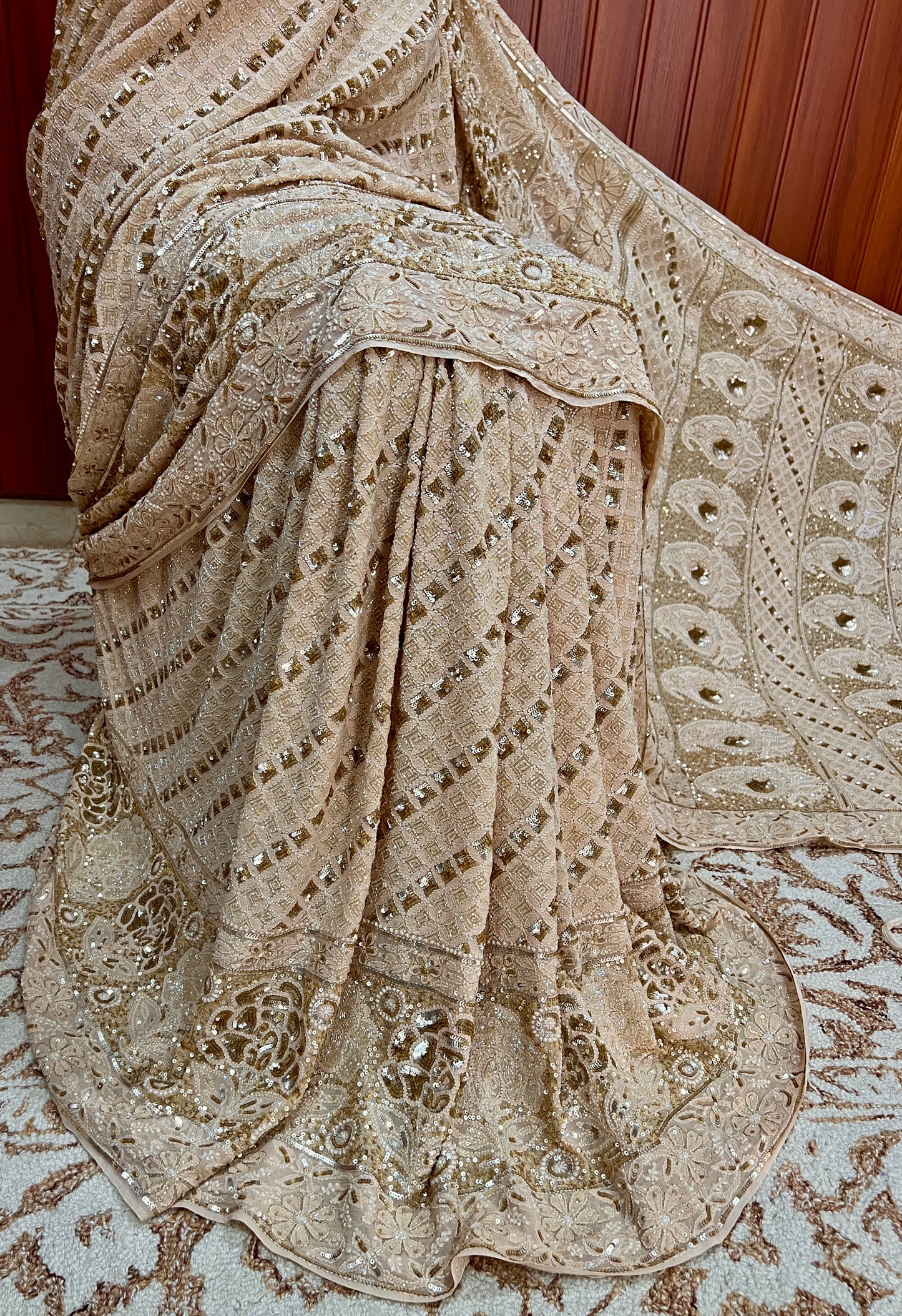 Ruhani Golden Beige Chikankari Sequins Cut Dana Embroidered Masterpiece Saree